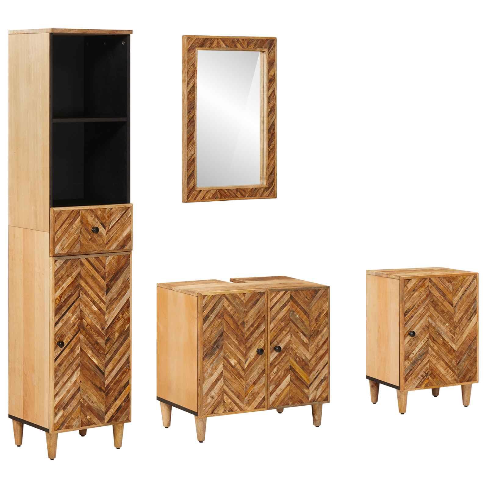 Set di 4 armadietti da bagno in legno massiccio di mango con specchio e