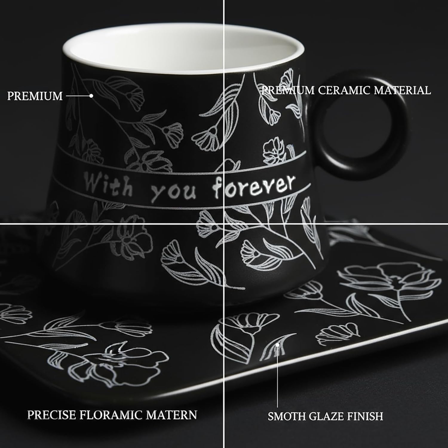 Espresso Cup Set, Small Coffee Cups with Saucers and spoon(12-piece), 6.1oz Porcelain with white Pattern Espresso Cup, Perfect for Tea, Turkish, Greek, and Arabic Coffee, Black