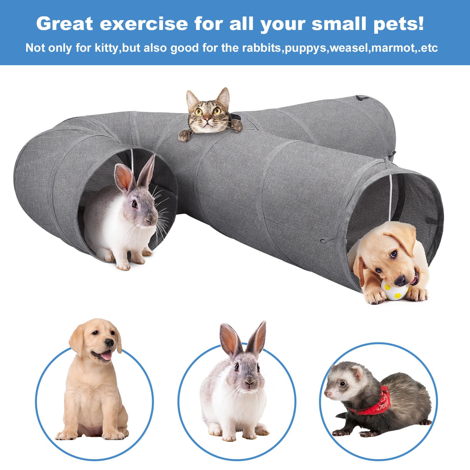 Ownpets Grand tunnel en forme de U pour chat avec 3 voies en tissu Oxford robuste, pliable et résistant aux déchirures, avec plusieurs sorties, boule suspendue et baguette taquineur, diamètre 30 cm