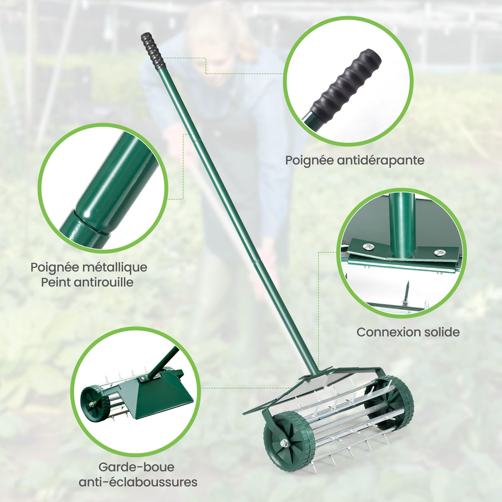 RELAX4LIFE Scarificateur Gazon Manuel avec Garde-Boue&Poignée&Rouleau à Pointes Rotatives, Rouleau Aérateur Gazon de Pelouse en Métal pour Jardin Cour Patio, Vert (avec Garde-Boue)