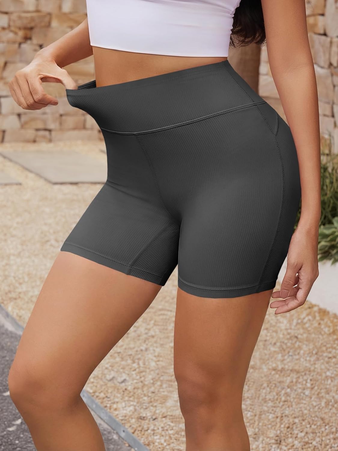 Aoysky Womens High Waisted Biker Shorts 5" Ribbed Knit Workout Running Gym Yoga Shorts - Image 4