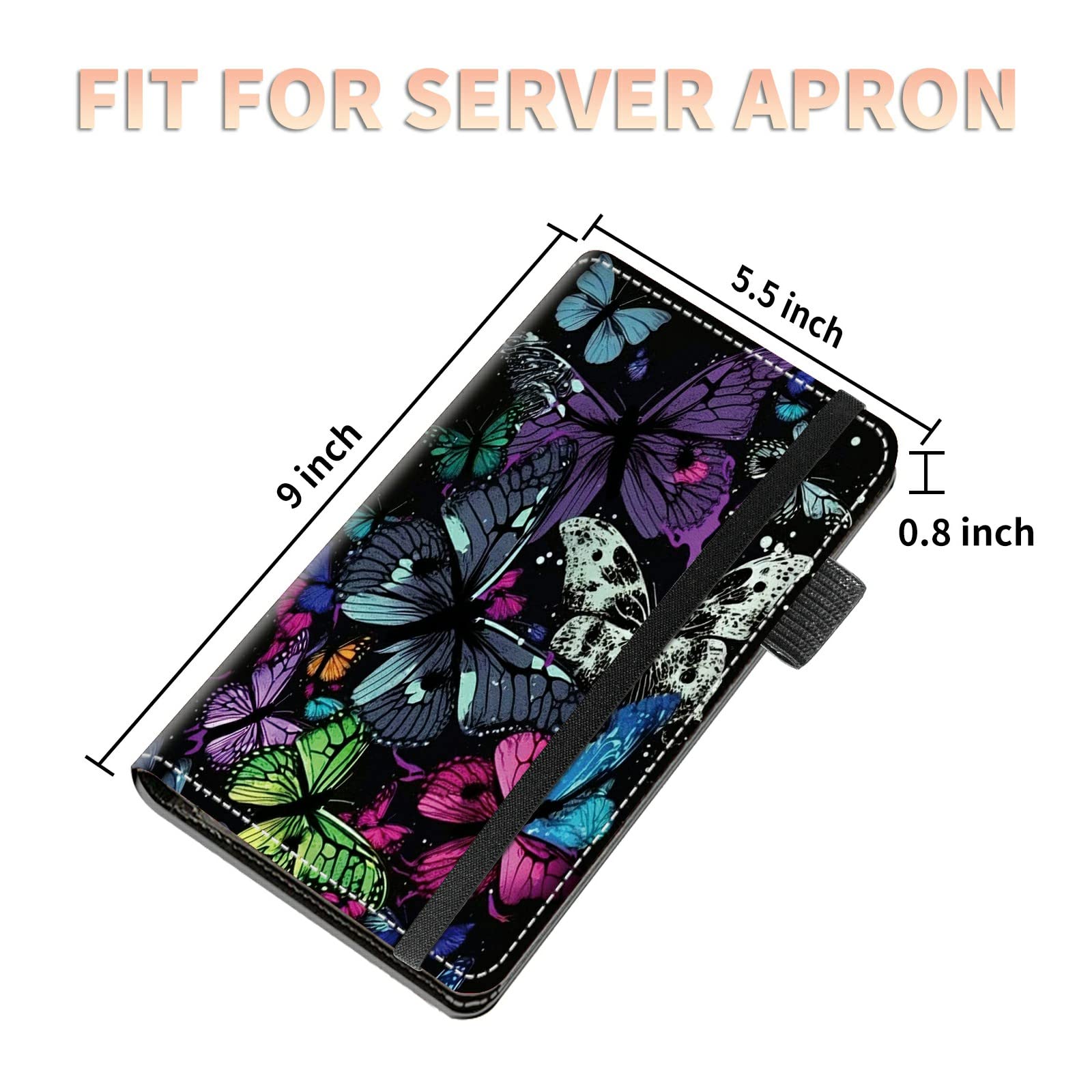 High Volume Server Books, Colorful Butterfly Server Book w/ 2 Expandable Pockets 9 x 5 Cute Waitress Book Zipper Pocket & Strap Closure Waitstaff Organizer Server Booklet Waiter Money Wallet