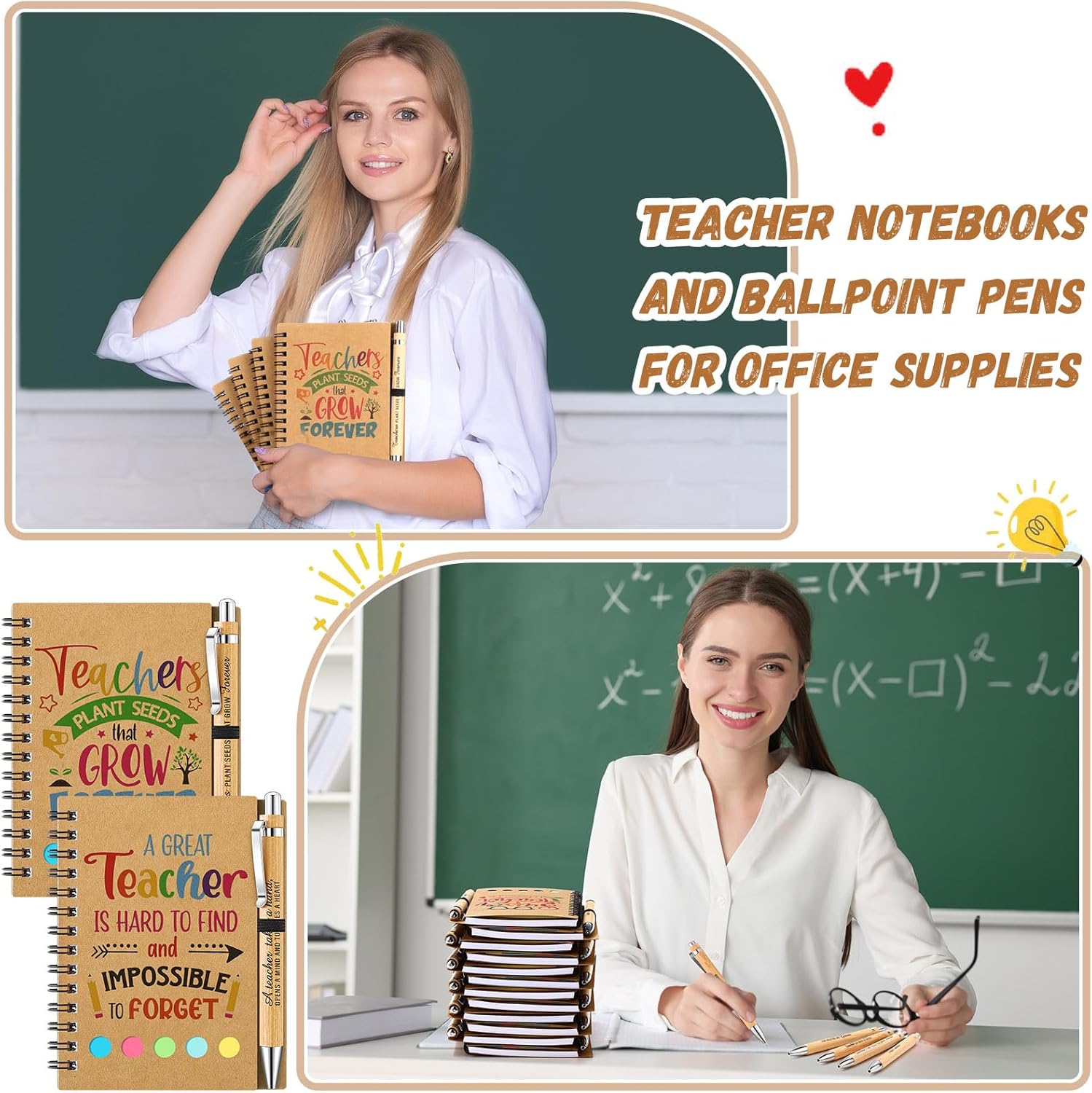 Resurhang 12 Sets Teacher Appreciation Gifts from Students, Teacher Spiral Notebooks Kraft Cover Notepads with Colored Sticky Notes Flags Bamboo Ballpoint Pens Office Supplies Back to School Gifts