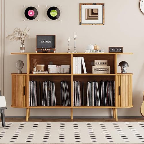 Soporte moderno para tocadiscos de mediados de siglo con almacenamiento, gabinete de almacenamiento de discos de vinilo y consola multimedia con