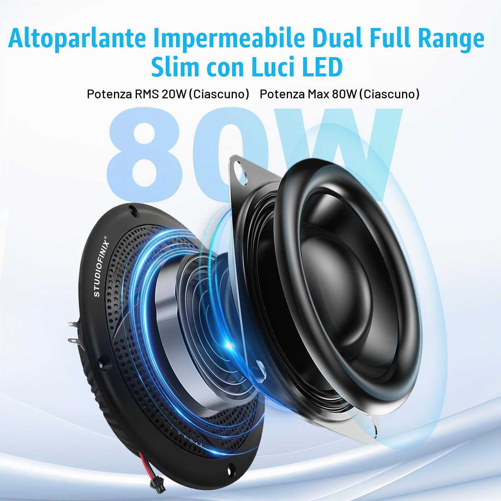 STUDIOFINIX 5,25" 160W Altoparlanti marini Bluetooth impermeabili, a 2 vie con luci LED e design sottile, per barca, camper, ATV, UTV, carrello da golf (1 coppia, Nero)