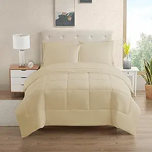 Sweet Home Collection 7 Piece Comforter Set Bag Solid Color All Season Soft Down Alternative Blanket & Luxurious Microfiber Bed Sheets, Beige, Queen