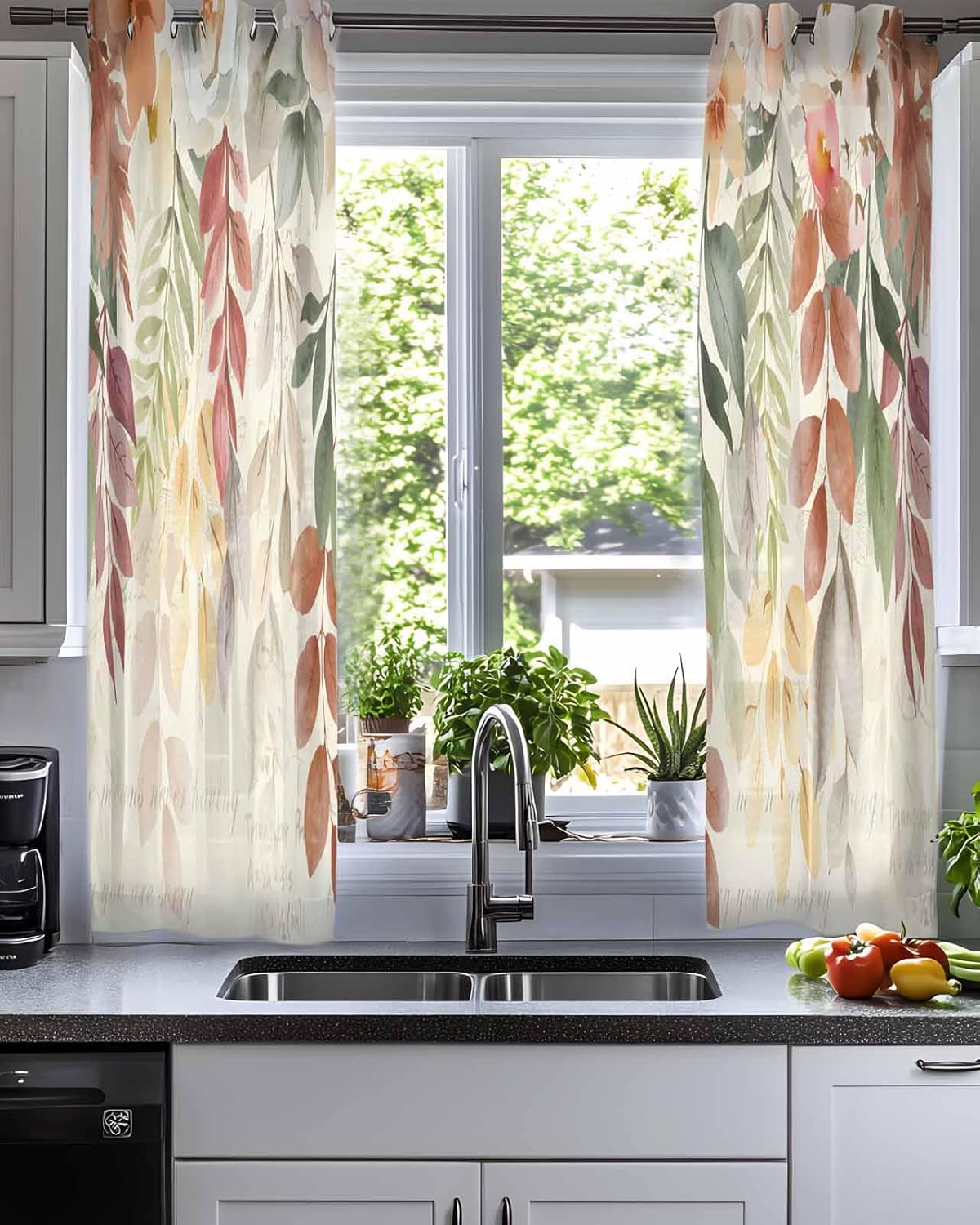Thanksgiving Sheer Curtains 54 Inches Long 2 Panel Set, Fall Retro Sage Green Brown Flower Leaves Light-Filtering Semi Sheer Drapes Window Curtains for Living Room/Bedroom 42x54x2