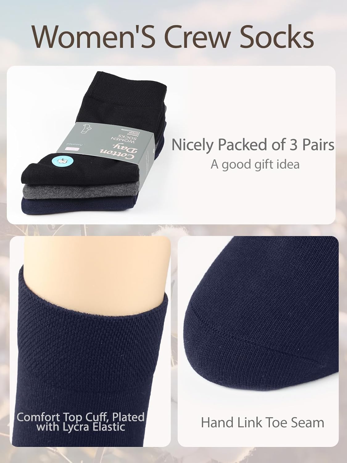 COTTON DAY Women's Soft Combed Cotton Dress Socks Seamless Toe Black White Gray Navy Blue Brown Beige - Image 5