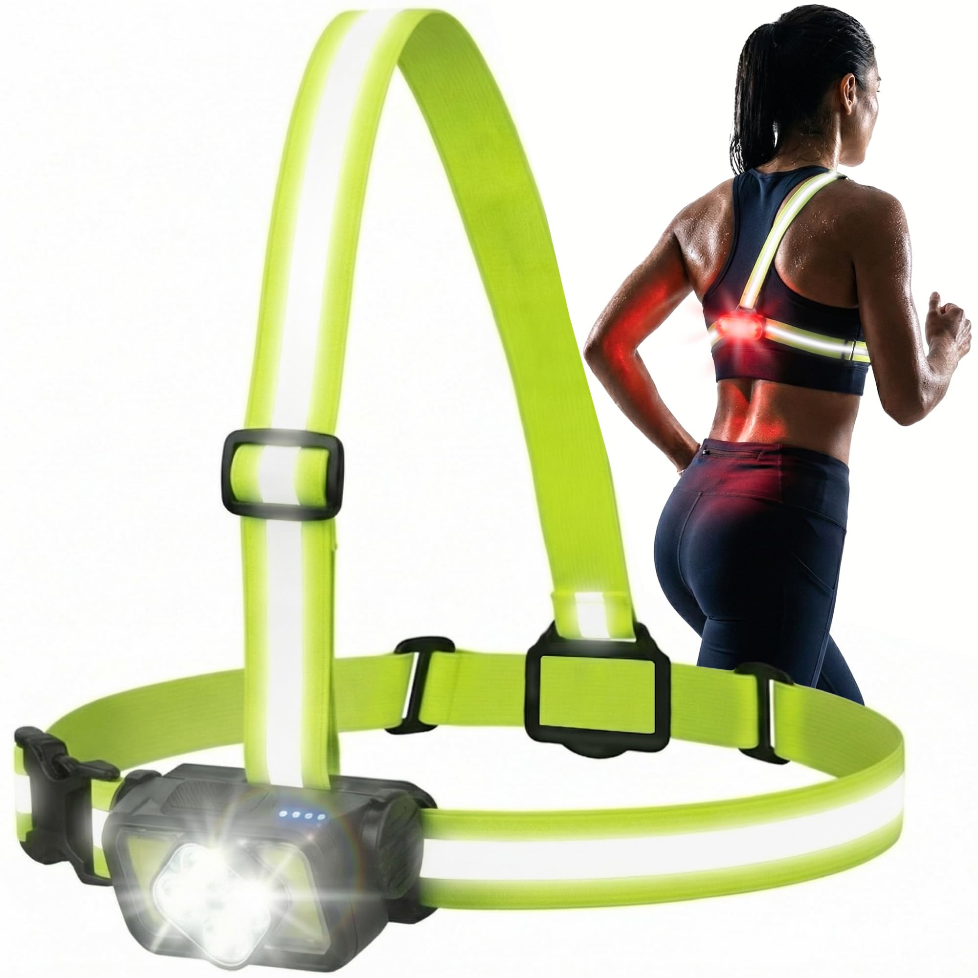 Lampada Pettorale Running LED Ricaricabile – Visibilità 360° Anteriore e Posteriore – Imbracatura Leggera Regolabile – Sicurezza Notturna per Corsa, Camminata e Bici