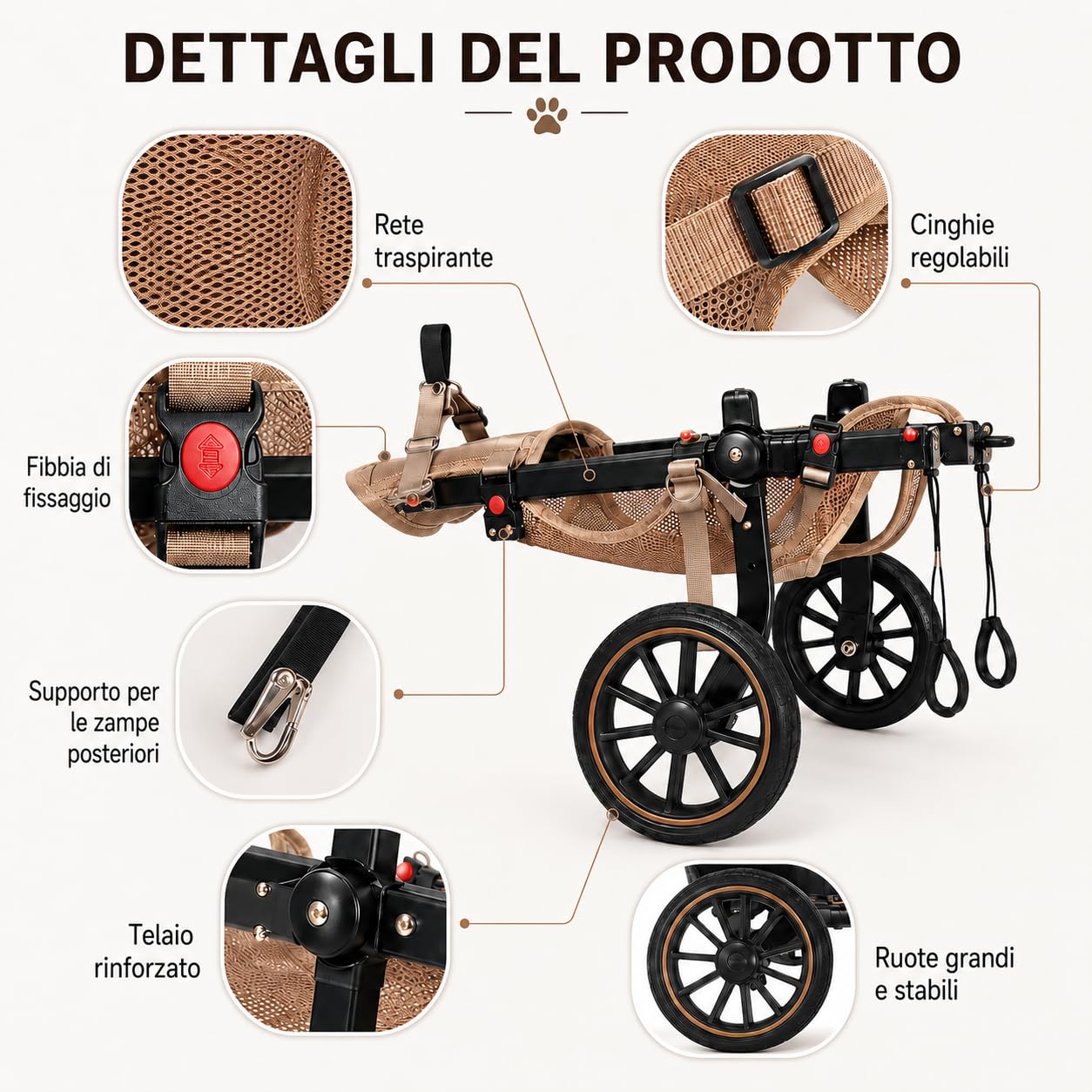 Carrellino per Cani Regolabile, Zampe Posteriori，XL | Telaio in alluminio, ruote ammortizzate, design igienico aperto e fibbia rapida. Allevia l'artrosi senza stress.