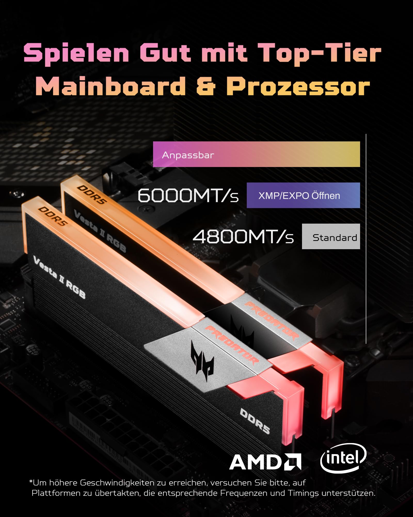 Acer Predator Vesta II DDR5 RGB RAM 32GB (16GBx2) CL36 bis zu 6000MHz - Intel XMP 3.0 & AMD EXPO - PC Computer Gaming Arbeitsspeicher (Schwarz)