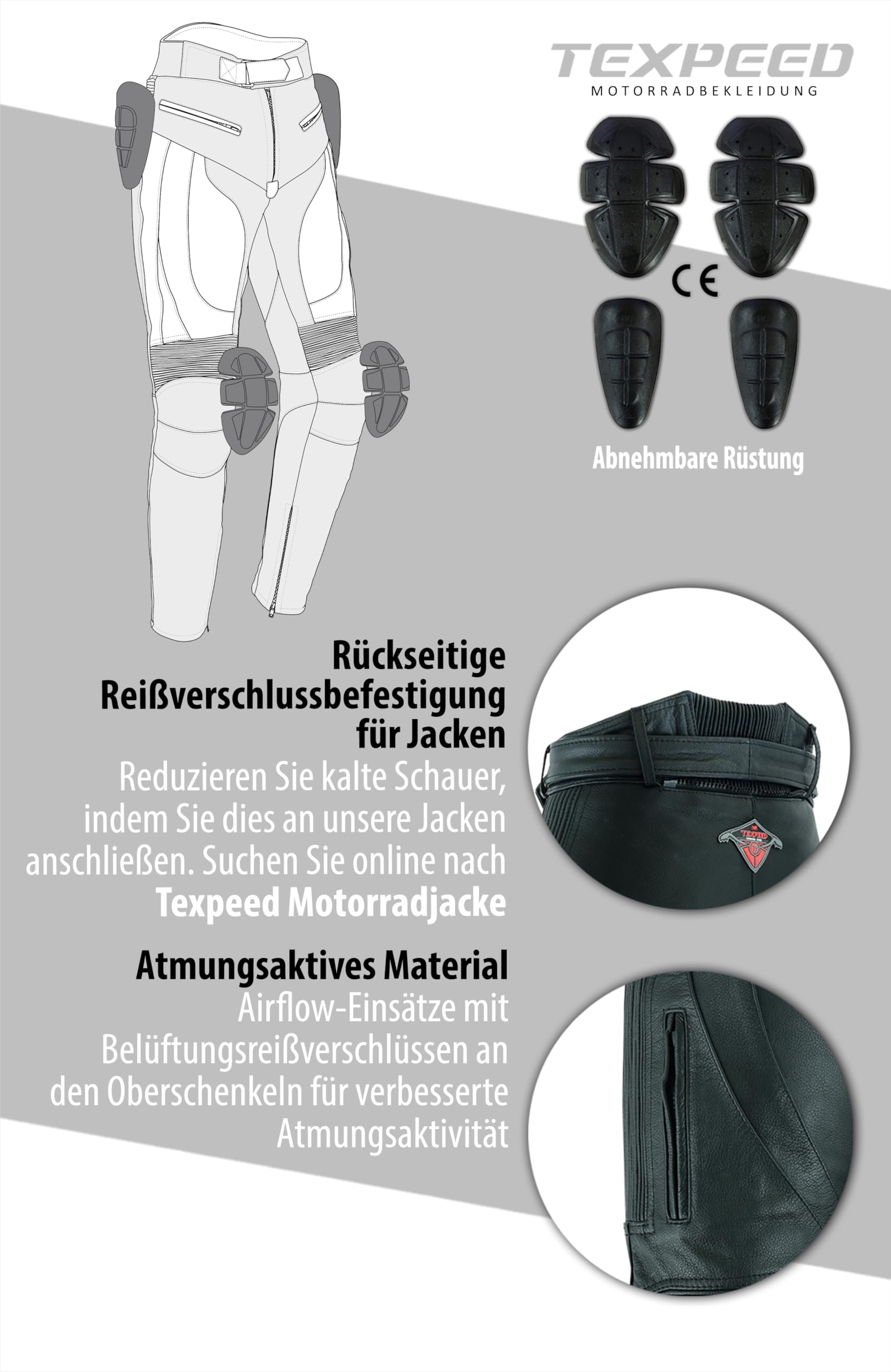 Texpeed motorradhose leder herren mit protektoren - Schwarz Lederhose echtleder Top-Grain-Leder mit Rüstung (EN 1621-1) Biker gepanzerte - 5XL Taille/Regülar Bein