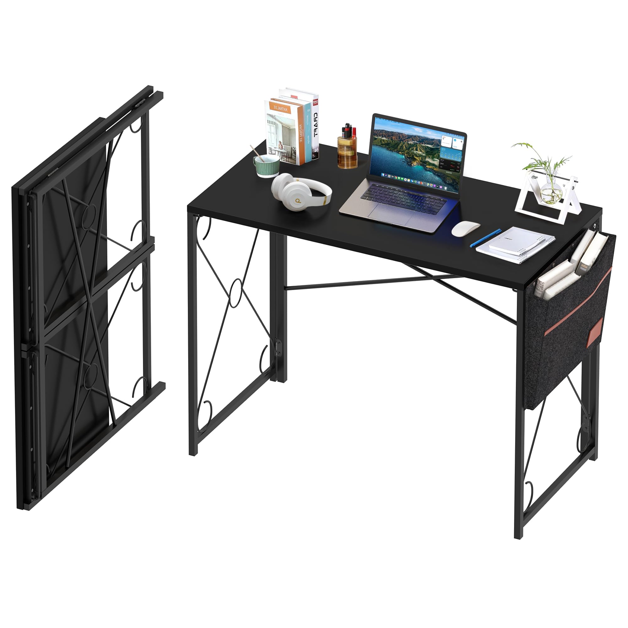 VECELO Folding Desk with Storage Bag 39 Inch Writing Desk Home Office Sturdy Steel Laptop Table for Home Office Work Dark Black