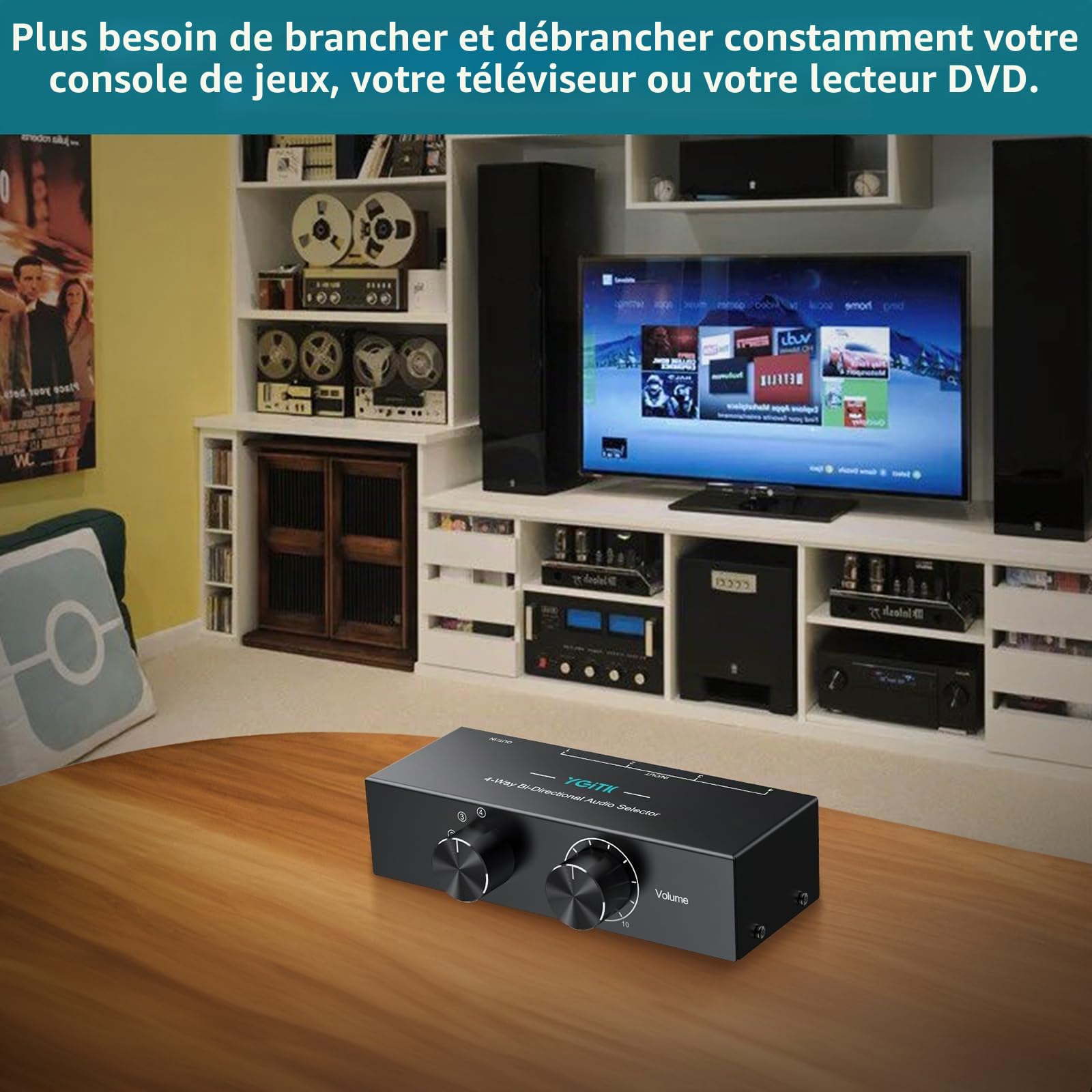 Commutateur Audio Bi-Directionnel 3.5mm & RCA, 1x4 / 4x1 Sélecteur Audio avec Bouton Off et Contrôle du Volume, Convertisseur Audio Passif pour Haut-Parleurs, Casques, Amplificateurs