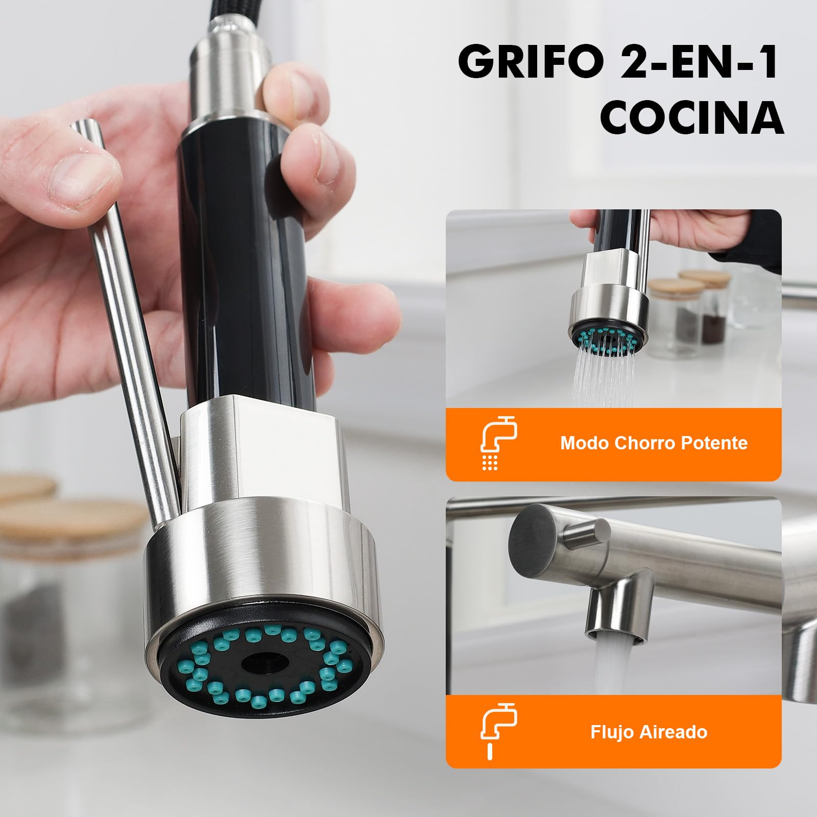 Ibergrif Grifo Profesional Cocina con Ducha Extraíble, Mezclador de Fregadero, Acero Inoxidable