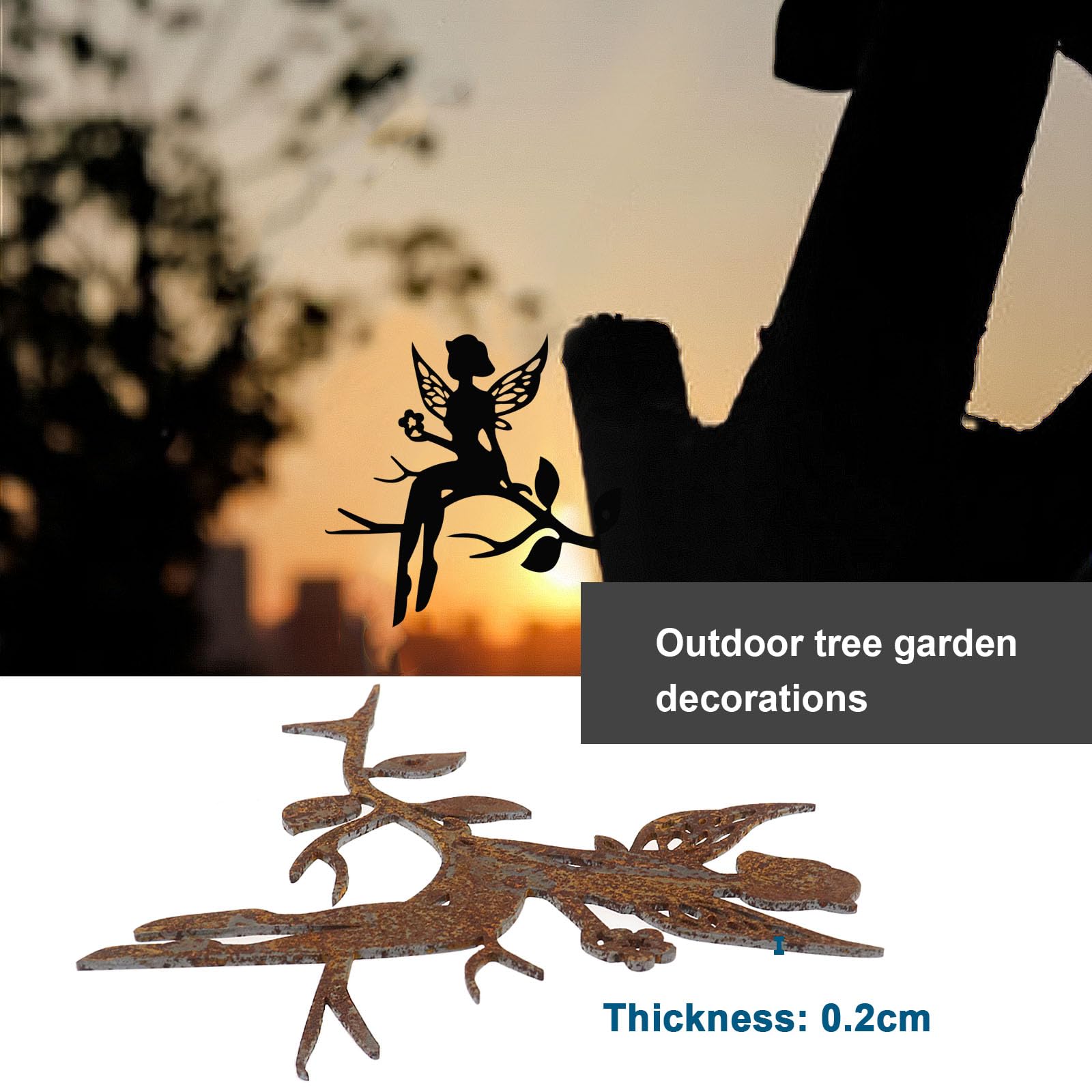 eMagTech Sitting Tree Fairy Decoration Garden Elf Fairy Decoration Outdoor Garden Metal Rust Ornaments for Trees Pillars Trunks 20x15cm - Image 2