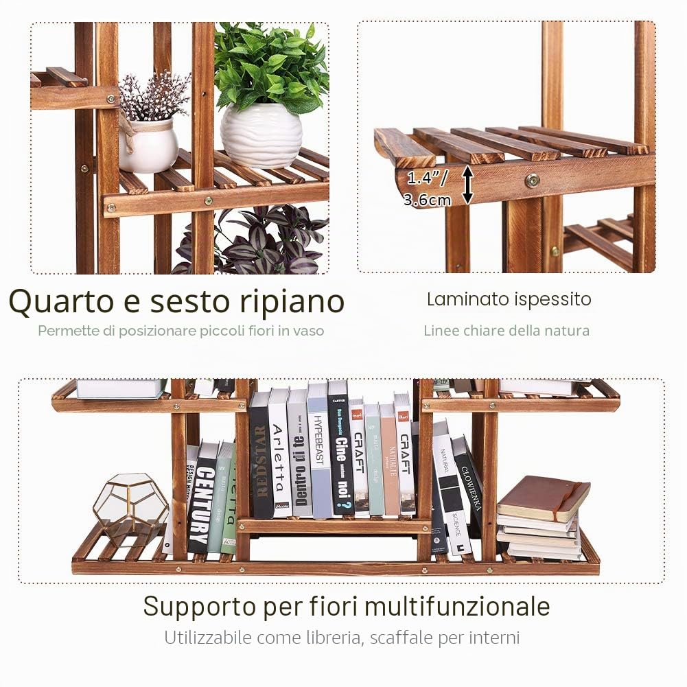 medla Porta piante in legno, scaffale per piante a 9 ripiani, scaffale per fiori decorativo per giardino, terrazza, balcone, soggiorno, 115 x 25 x 96,5 cm