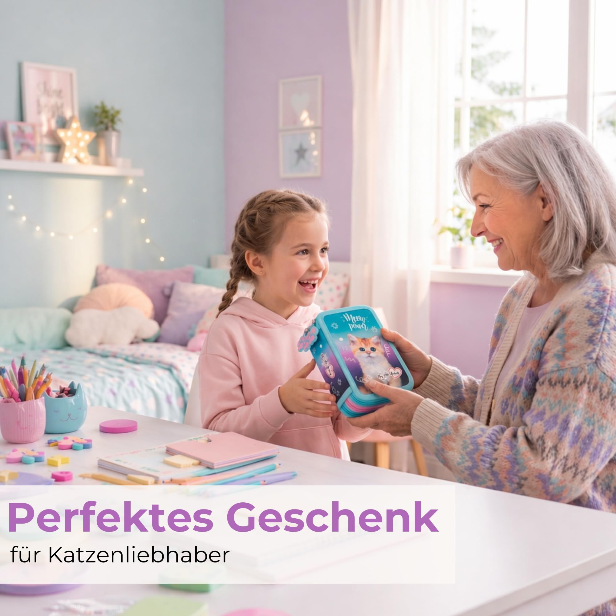 Goldkids - Federmäppchen 3 Fächer - Mäppchen für Mädchen und Jungen - Federmappe 3-Fach Federtasche 44-teilig Gefüllte Schüleretui Hausaufgabenheft- Katze Motiv