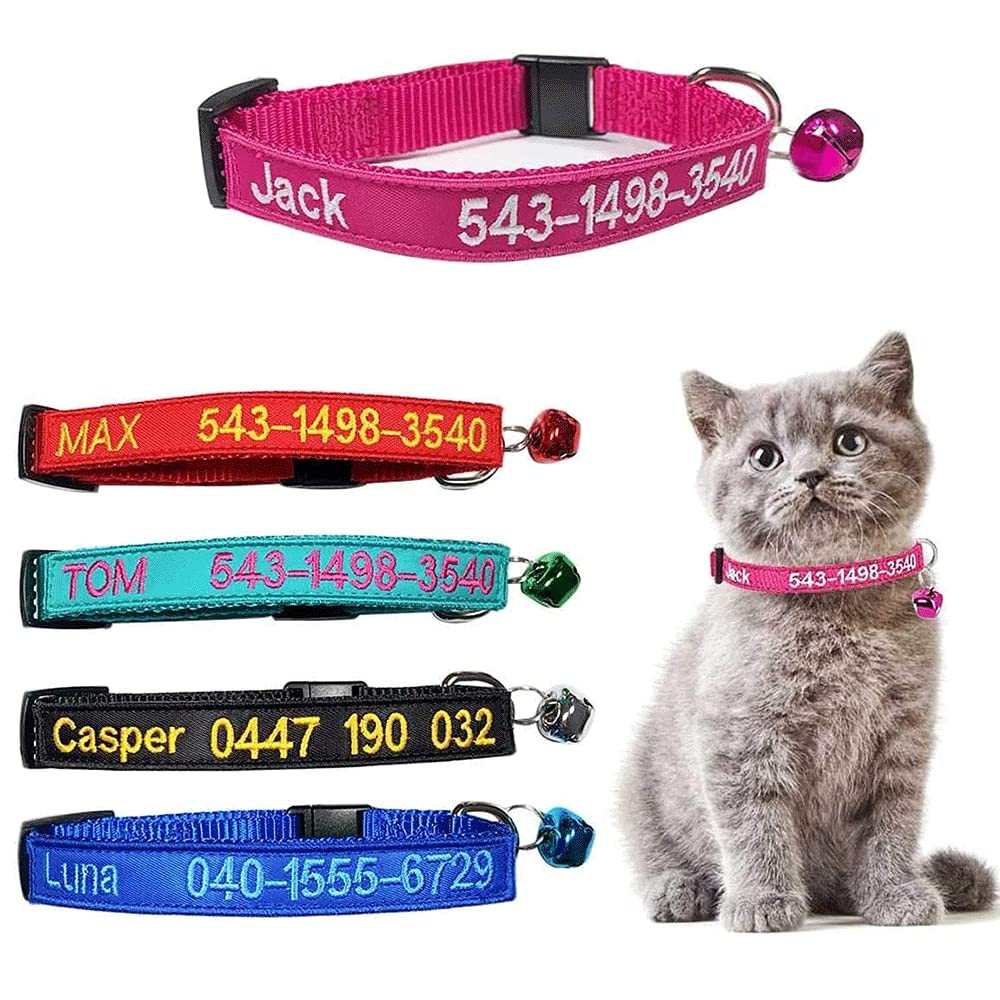 Collar de Gato Personalizado con Campana, Collar de Gato con Hebilla de liberación de Seguridad, Nombre de identificación de Mascota Bordado Tel en el Collar de Gatito