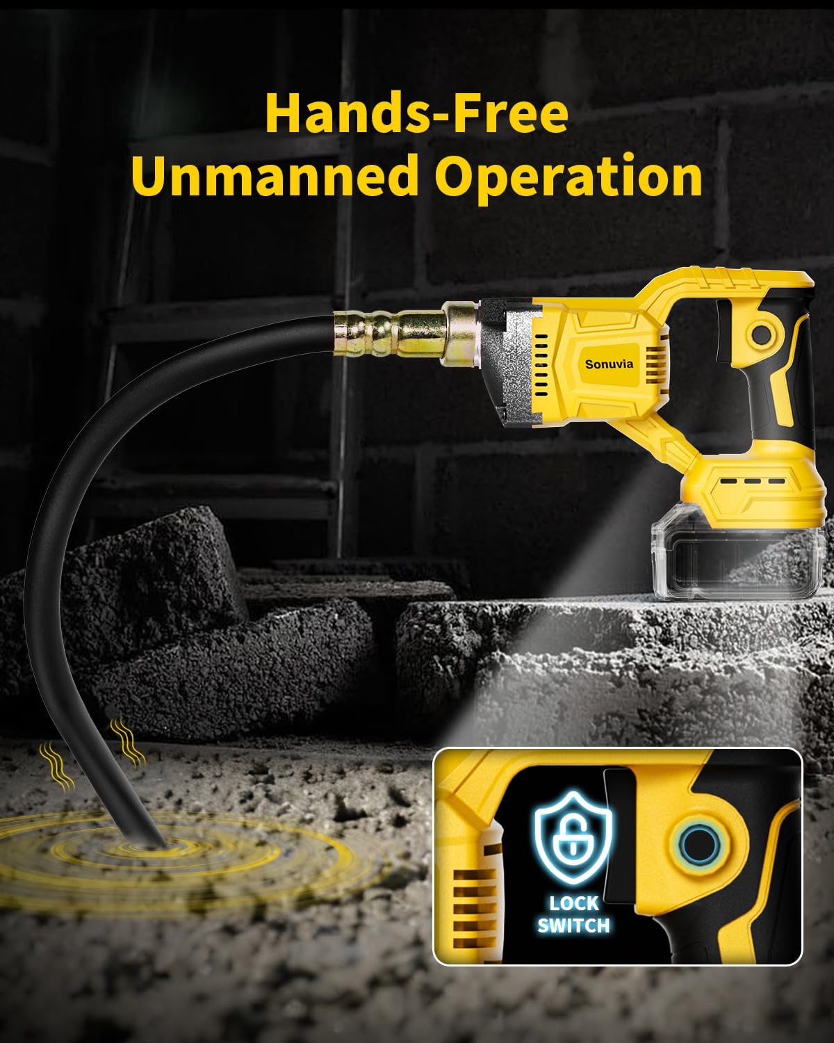 Cordless Concrete Vibrator Compatible with DeWalt 20V | Sonuvia 600W motor with 6000RPM high-frequency vibration and 3.8ft flexible shaft. Cordless design(Battery not included)