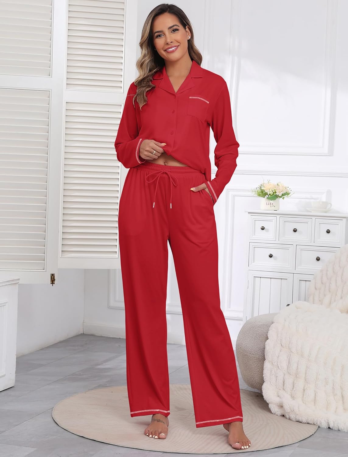 ZAFUL Womens Pajama Sets Soft Cotton Button-Down Pajamas Long Sleeve and Pant Pjs Sets 2 Piece Lounge Sets S-XXL - Image 4