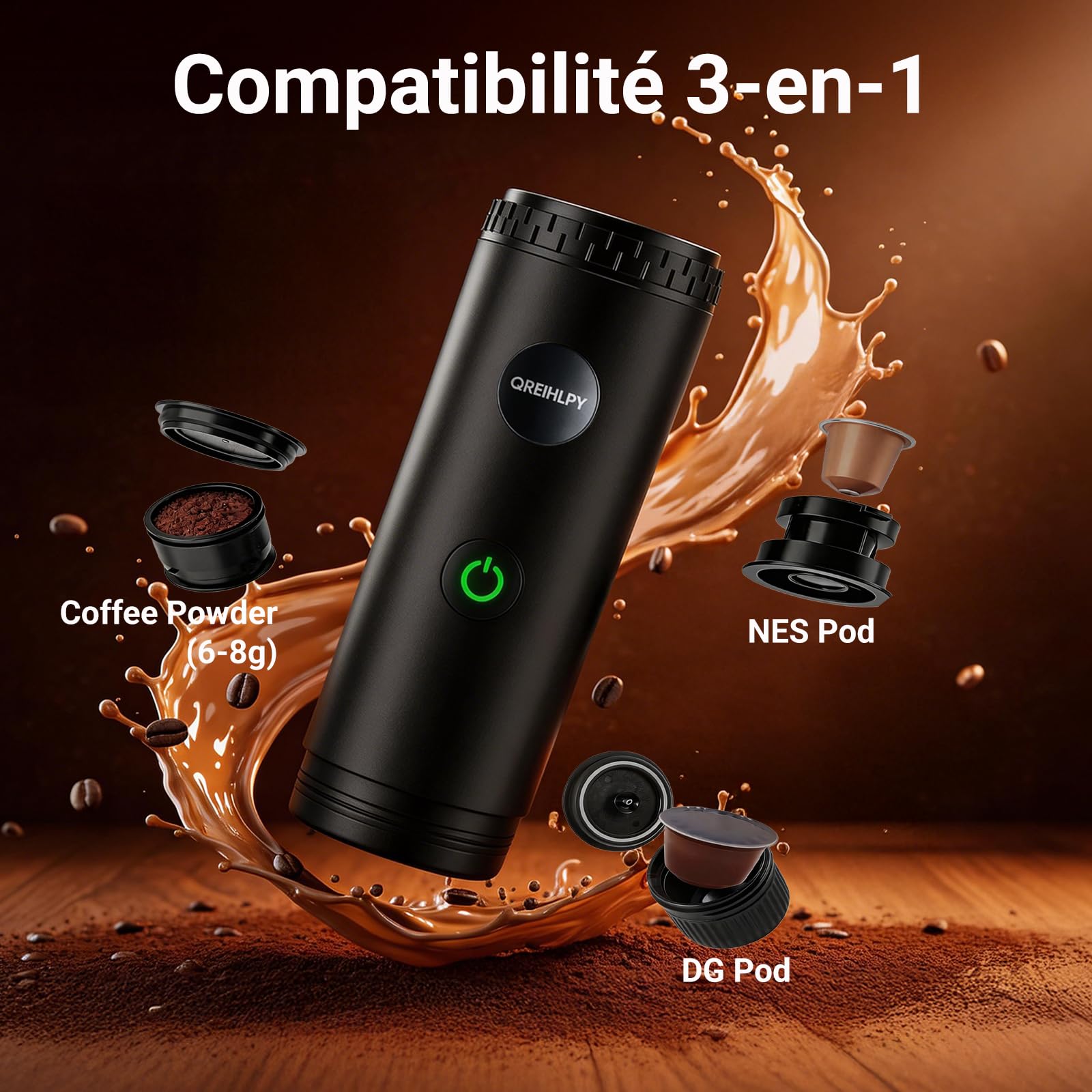 Machine à Cafe Portable, Cafetière Portable 3 en 1 Compatible avec les Capsules Espresso et Poudre de Café, Rechargeable Pour Voyage, Camping, Voiture, Maison