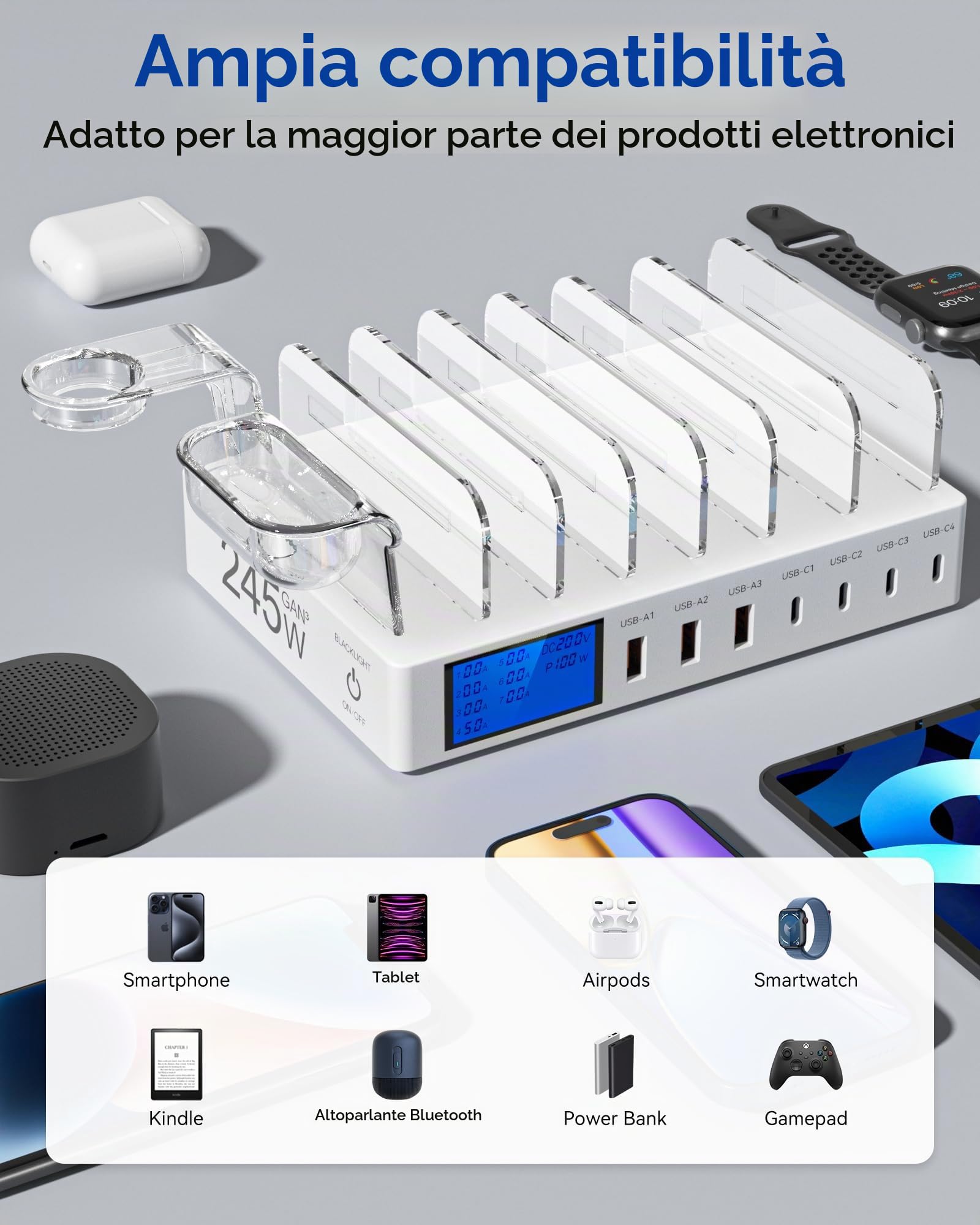 Stazione di Ricarica da 245W, 7 Porte Dispositivi Multipla USB, con schermo LCD Stazione Ricarica Cellulari per iPhone, Tablet e Altri Dispositivi Elettronici（Senza cavo di ricarica）-bianco