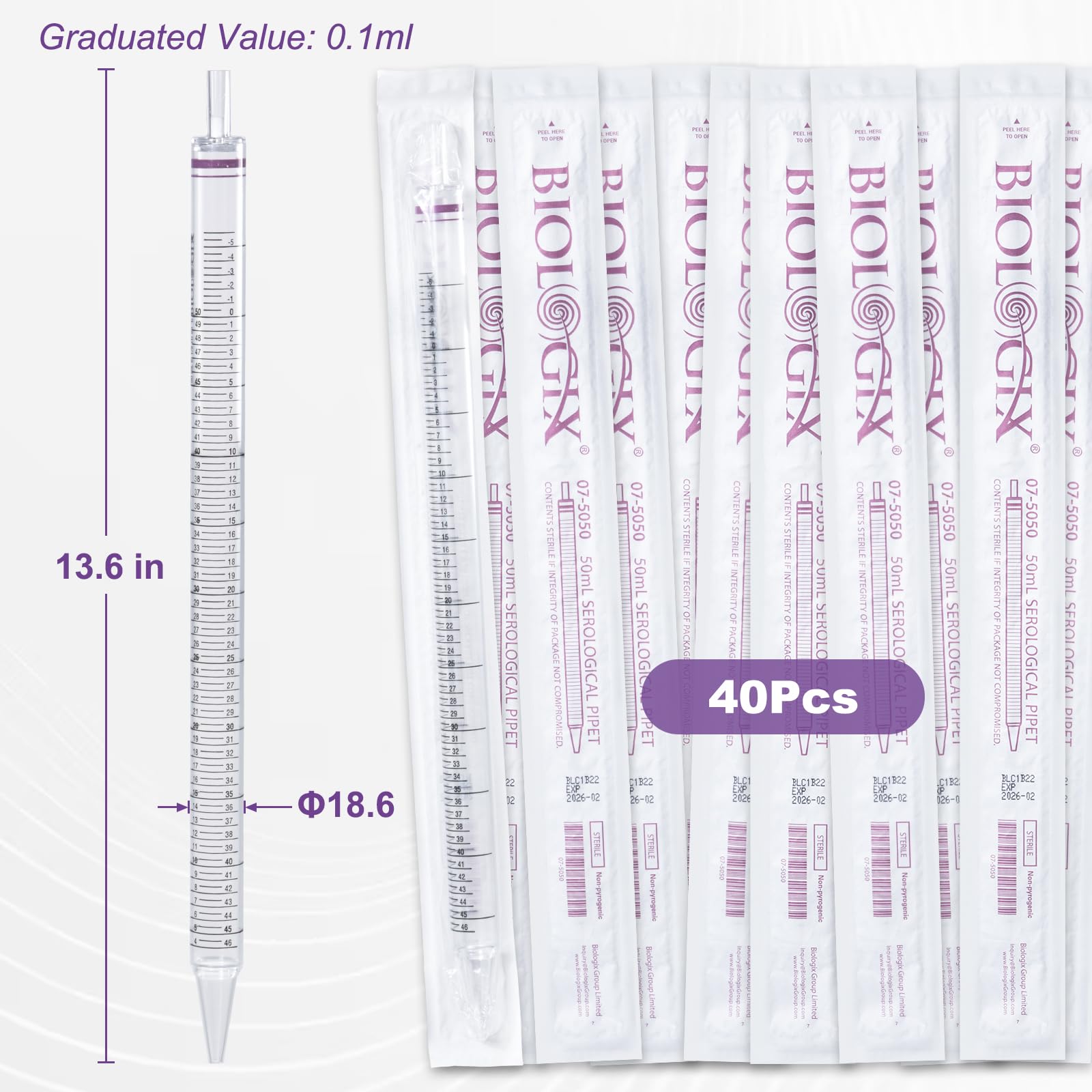 40 Stück 50ml Serologische Pipetten, Polystyrol Serologische Pipetten, Sterile, Transparent, Unabhängige Verpackung, 388mm Länge (40 Stück)