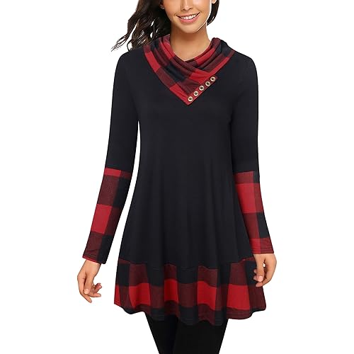 Cowl Neck Tunics Long Sleeve Patchwork Form Fitting Casual A-Line Top Blouse
