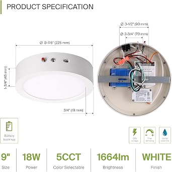 ASD LED 9 Round Flush Mount Ceiling Light Fixture, Low Profile Surface Lighting | 5CCT, Dimmable, Battery Backup, ETL Listed | 18W 1600LM 2700-6000K 120V | Kitchen, Bedroom, Hallway Lamp | White