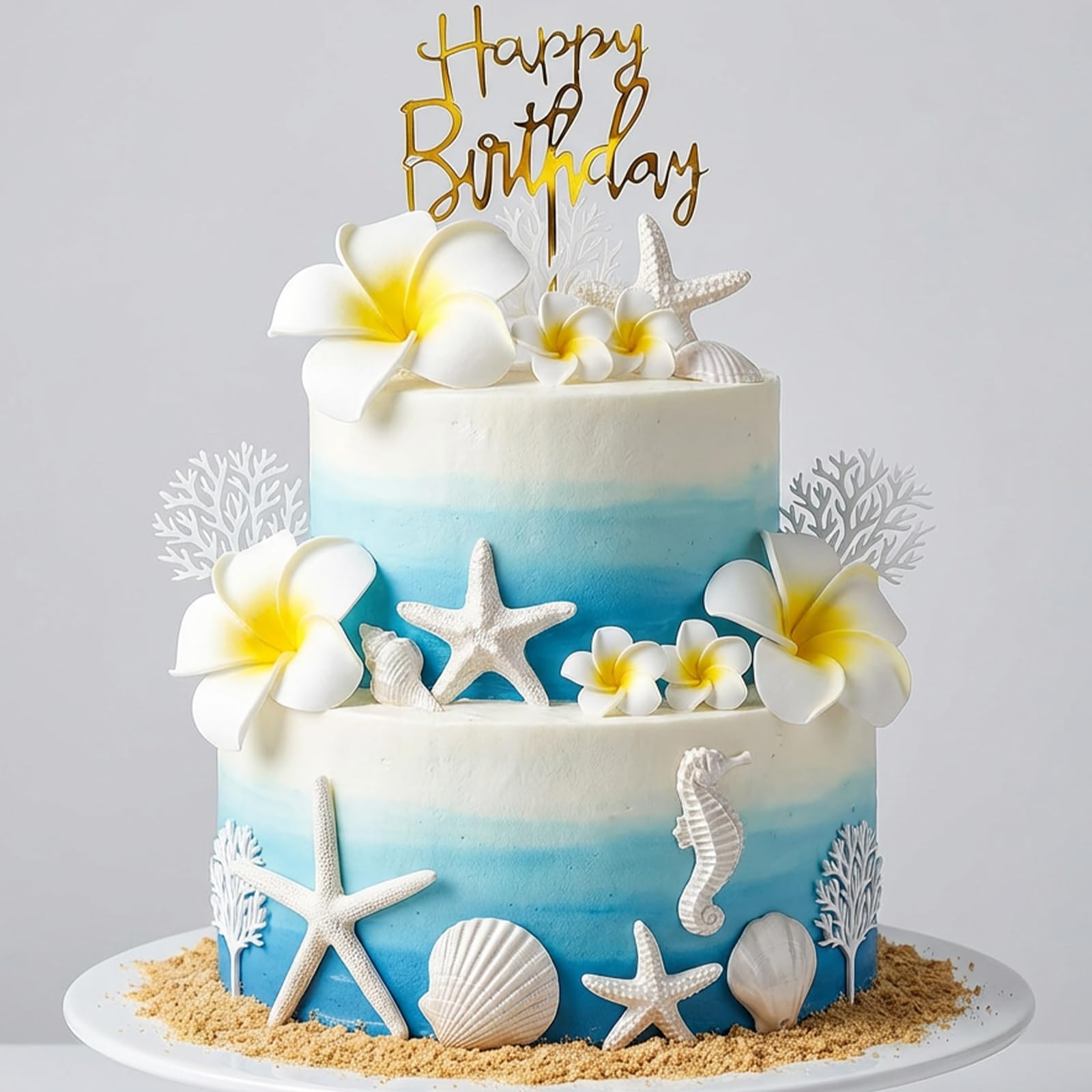 21 Piece Cake Decorations Set - Hawaiian Style Floral & Shell Cake Toppers with Acrylic Birthday Sign, Non-Edible Party Decorations for Adult Birthday, Anniversary