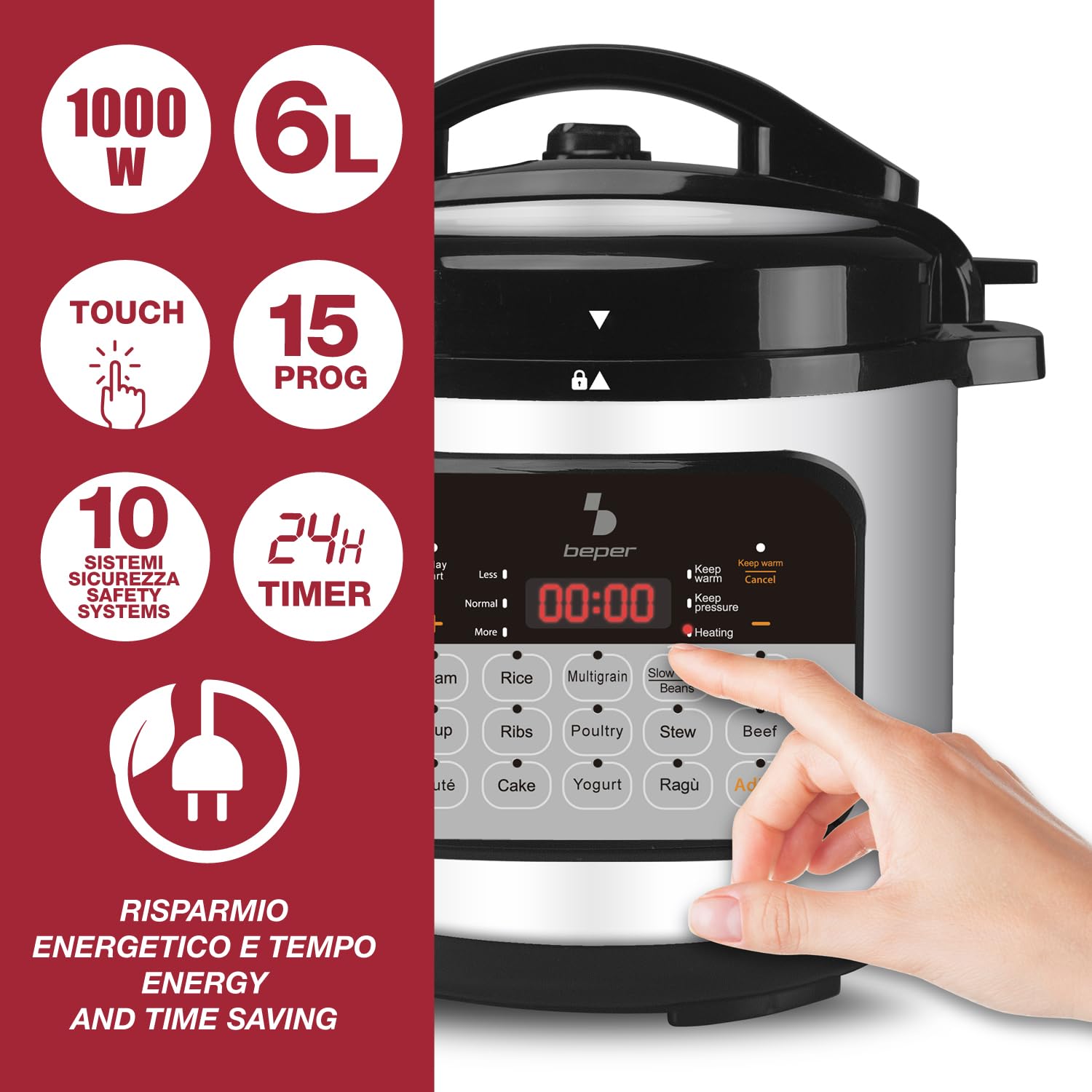 BEPER P101COS002 Schnellkochtopf 6 Liter, 15 Kochprogramme, Schongarer, 24-Stunden-Timer, 3 Druckstufen, Warmhaltefunktion, 10 Sicherheitssysteme, 1000 W