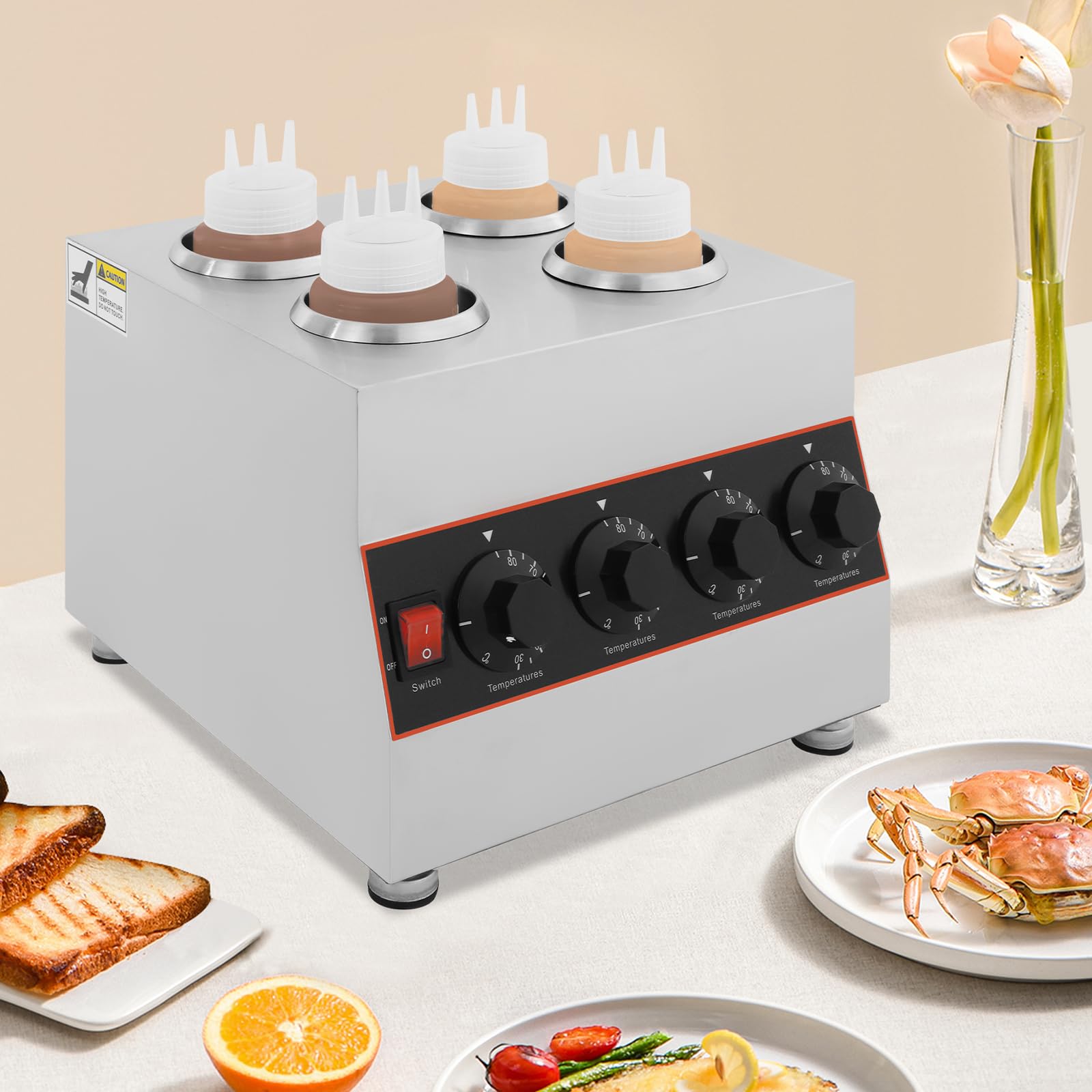 Xuthusman Electric Sauce Warmer Dispenser, Countertop Stainless Steel Sauce Heat Preservation Machine, 640W Commercial Hot Chocolate Warmer for Fudge Nacho Cheese Ketchup 4 Compartments