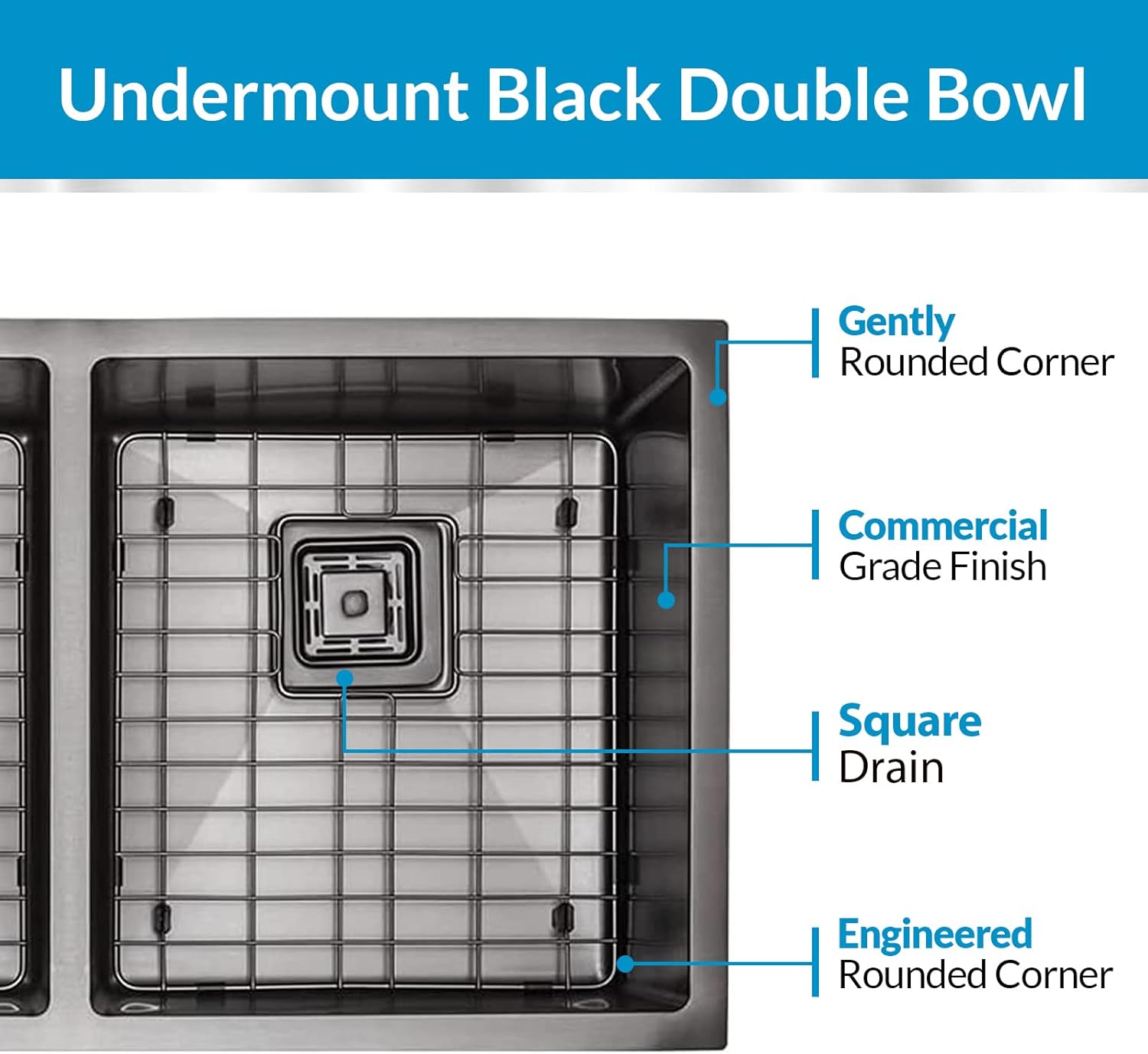 Strictly Sinks 32 Inch Undermount Double Bowl Kitchen Sink – Black Kitchen Sink Designer Shelf Accessory 16 Gauge Stainless Steel – With Bottom Grid, 1 Disposal Adapter and 2 Strainer Drains