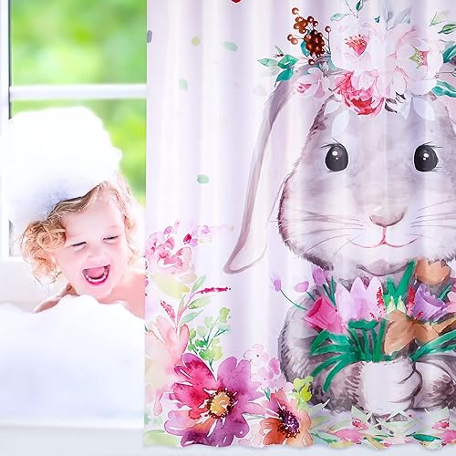 Miniatura 8 de Tegeme Cortina de ducha de Pascua, conejo, Pascua, cortina de ducha de baño, flores de primavera, divertido conejo, tela de conejo, juego de