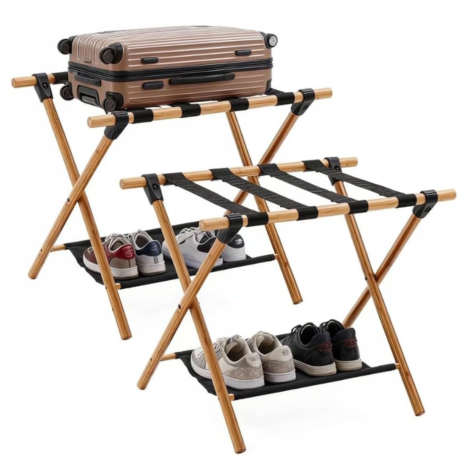 HOMCENT Gepäckträger 2er set,Faltbarer Kofferständer für Gästezimmer, Bambus-Gepäckträger mit 4 Gurten,Kofferhocker für Hotel,Zuhause, 64x45x52CM,Natur