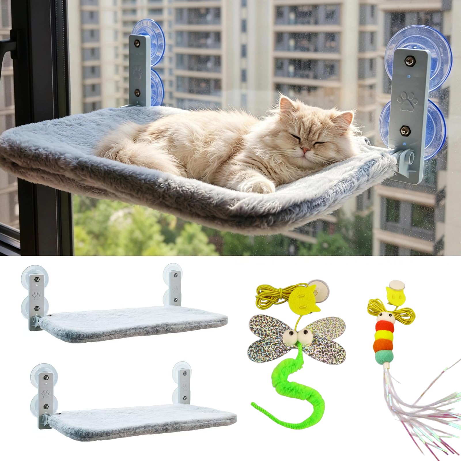 2 pack Cat Window Perch Foldable Cats Hammock Bed for Window, 30kg Capacity, Metal Frame & Large Suction Cups, with 2 Feather Hanging Toys for Self Play