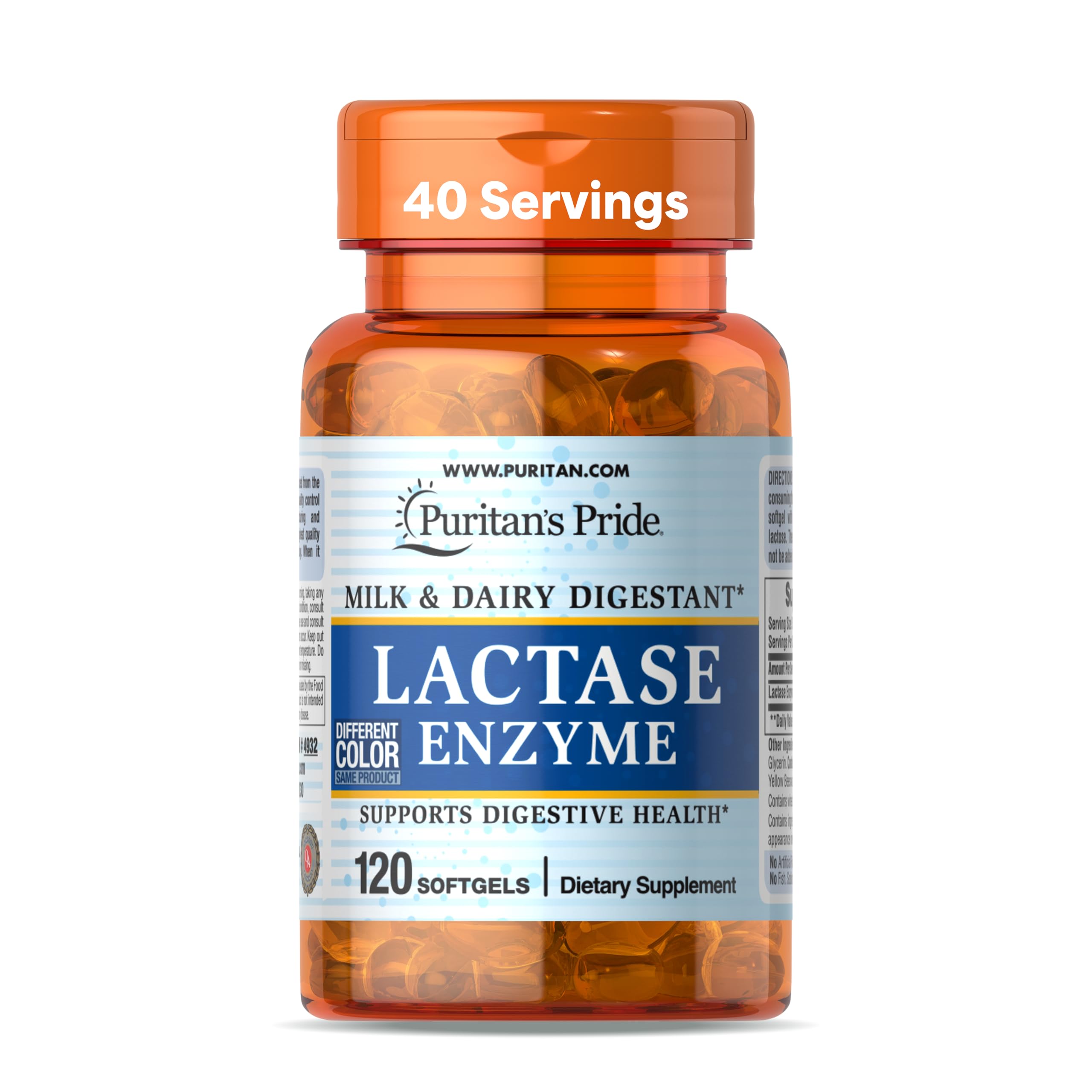 Puritan's Pride Lactase Enzyme, Milk and Dairy Digestant, Dietary Supplement Support for Digestion, and Cellular Energy Support, 40 Day Supply, 120 Softgels