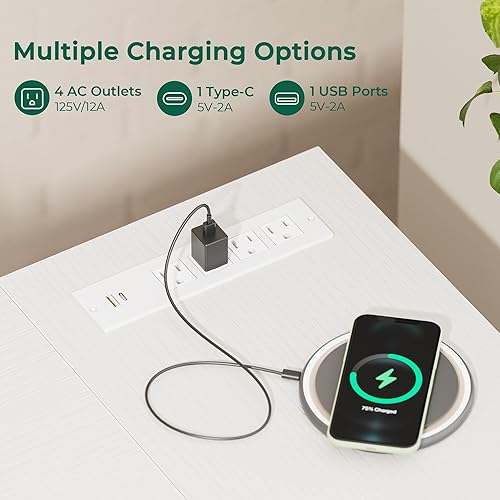 Miniatura 5 de Huuger Escritorio de oficina en forma de L con tomas de corriente, escritorio para computadora de 47 pulgadas con 3 cajones, estantes, para juegos,