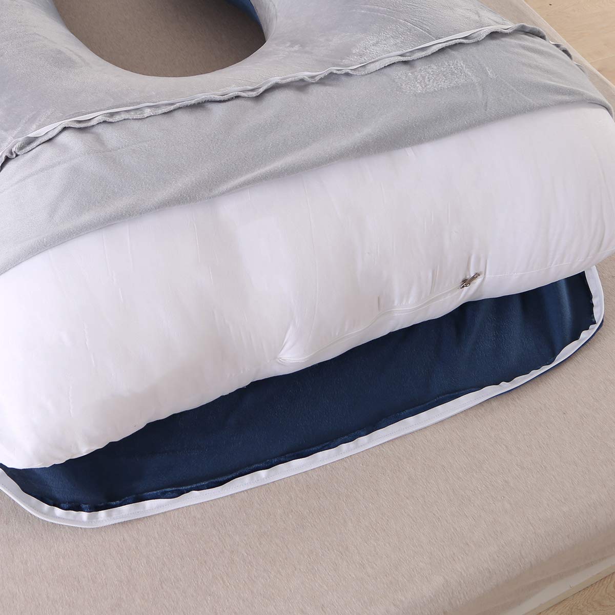 Coussin de Grossesse pour dormir, Coussin d'allaitement,Grand Coussin allaitement en forme de U de maternité avec Housse en Velours remplaçable et Lavable (Bleu Marine&Gris-Velours)