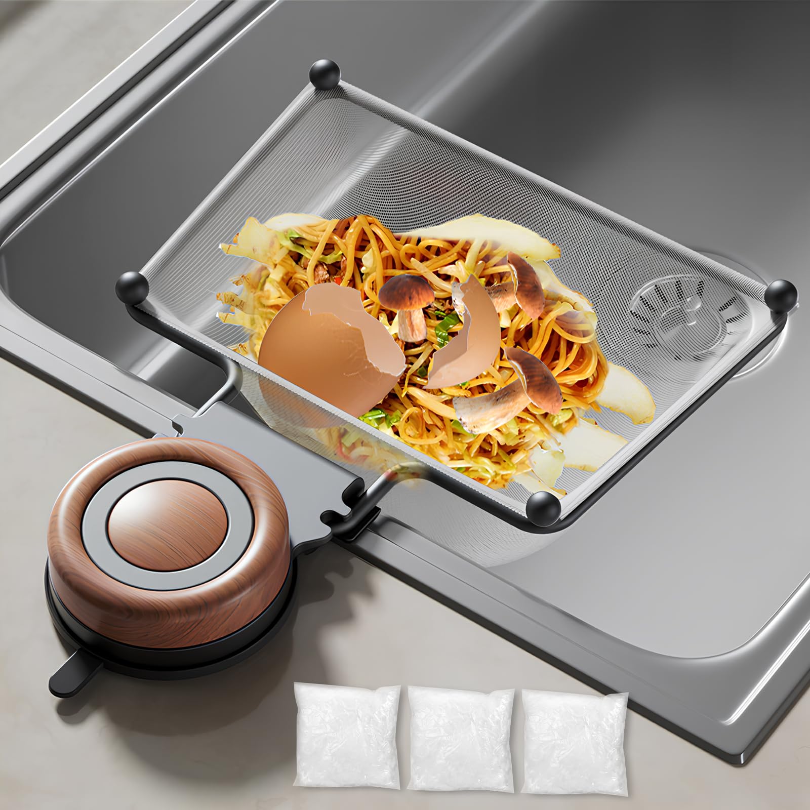 Starvortex Sitko odpływowe kuchenne z przyssawką, uchwyt na filtr do zlewu z 150 kieszeniami filtrującymi, 2 w 1 wyjmowany durszlak do zlewu chłonnego i półki, do filtrowania warzyw owocowych