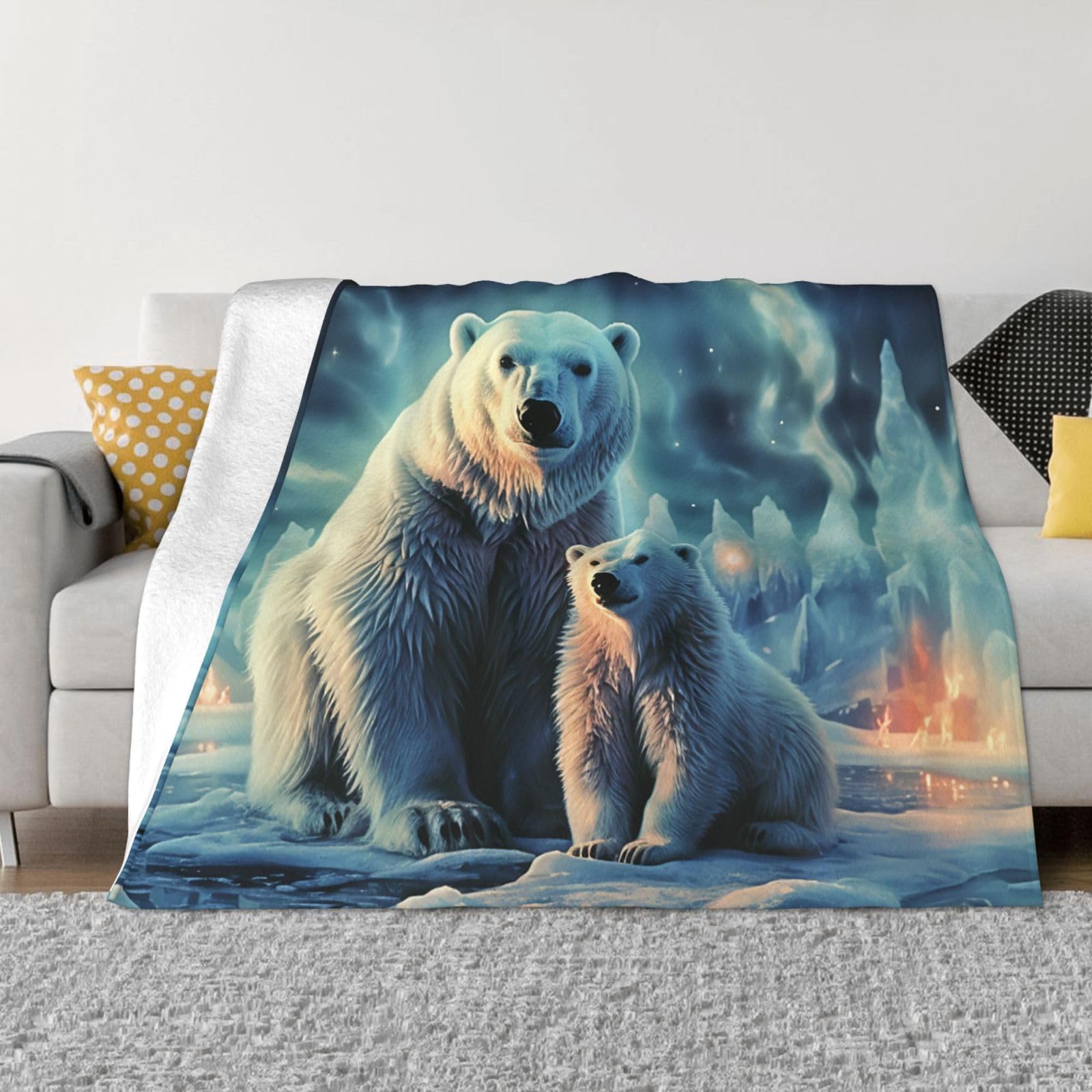 Polar Bears Northern Lights Throw Blanket 80"x60" Flannel Fluffy Warm Blanket for Couch, Reversible Plush Blankets for Bed, Comfy Fuzzy Blanket for Sofa, Plush Lightweight-Blankets for All Season