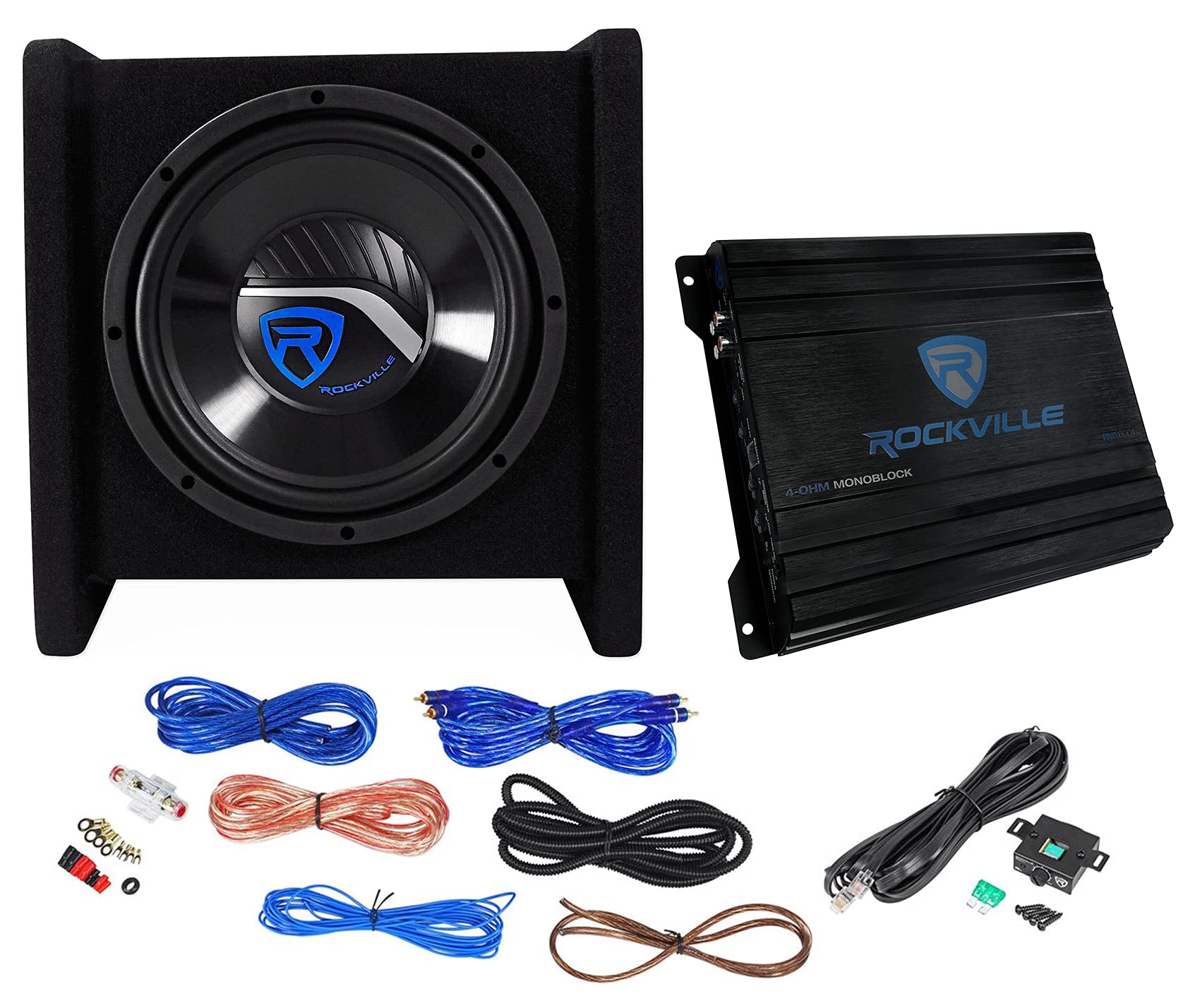 Rockville RV10.1D 500W 10-Inch Loaded Car Subwoofer Enclosure with Mono Amplifier and Amp Kit, High-Performance Bass, Durable Build, Easy Installation, for Car Audio Enthusiasts