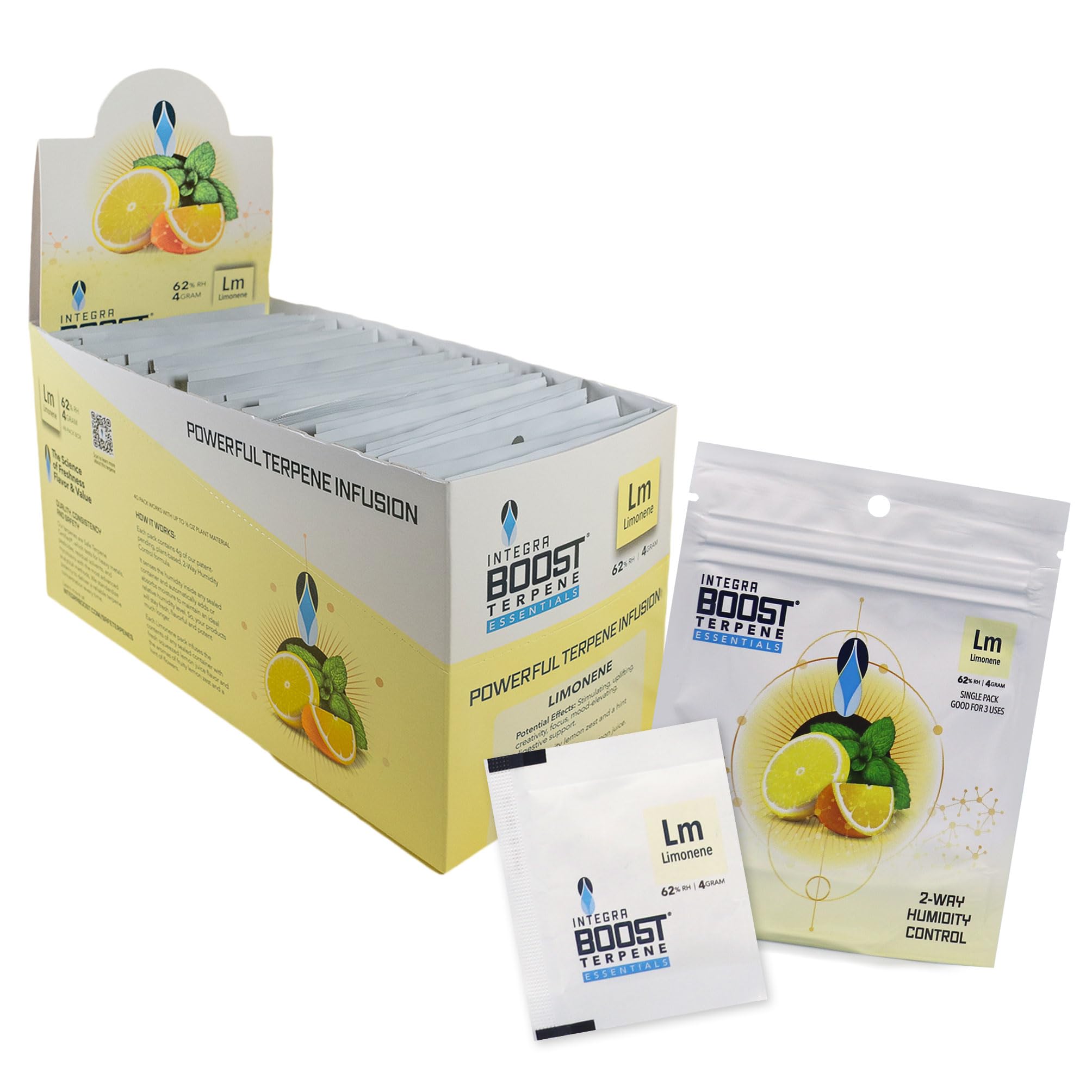 Integra Boost - Limonene Infusion Pack - 4 Gram Terpene Essentials Two-Way Humidity Control Packet at 62 Percent RH (Pack of 48 in Retail Display)