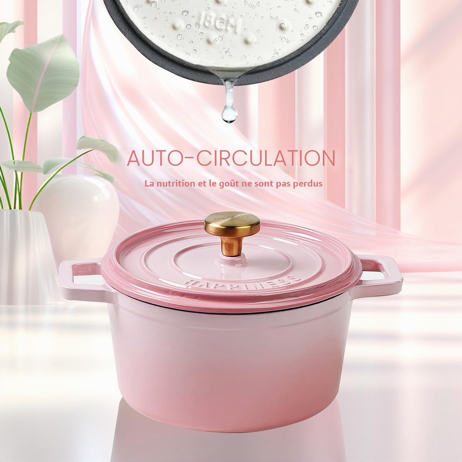 Cocotte en fonte émaillée antiadhésive avec couvercle et 2 poignées pour braiser les ragoûts, rôtir et cuire - Sans danger sur toutes les tables de cuisson (rose)