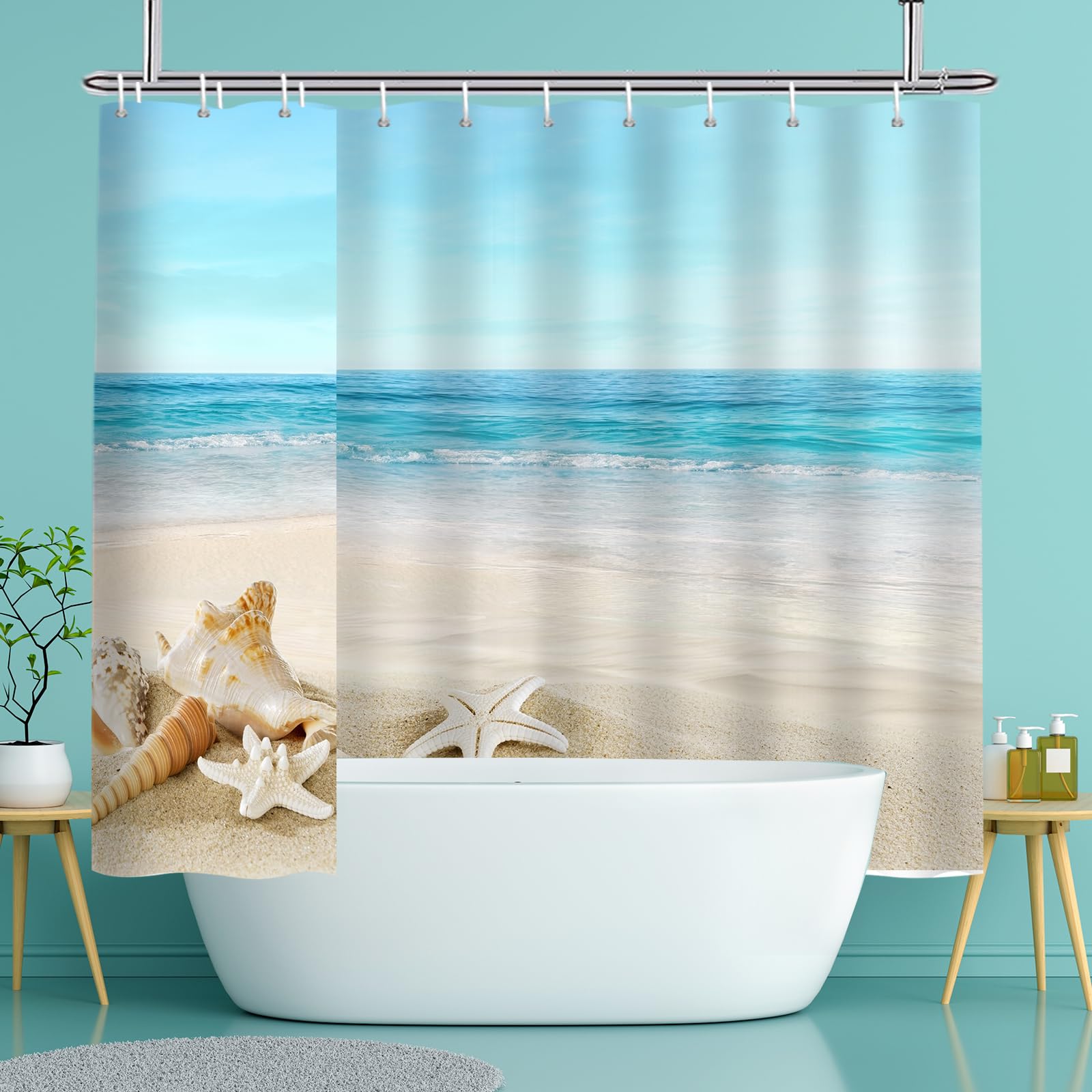 YISURE Cortina de Ducha Extra Ancha con Tema de Playa de Mar 240x200cm, Cortina de Ducha de Concha de Estrella de Mar, Cortina de Ducha Impermeable para Baño