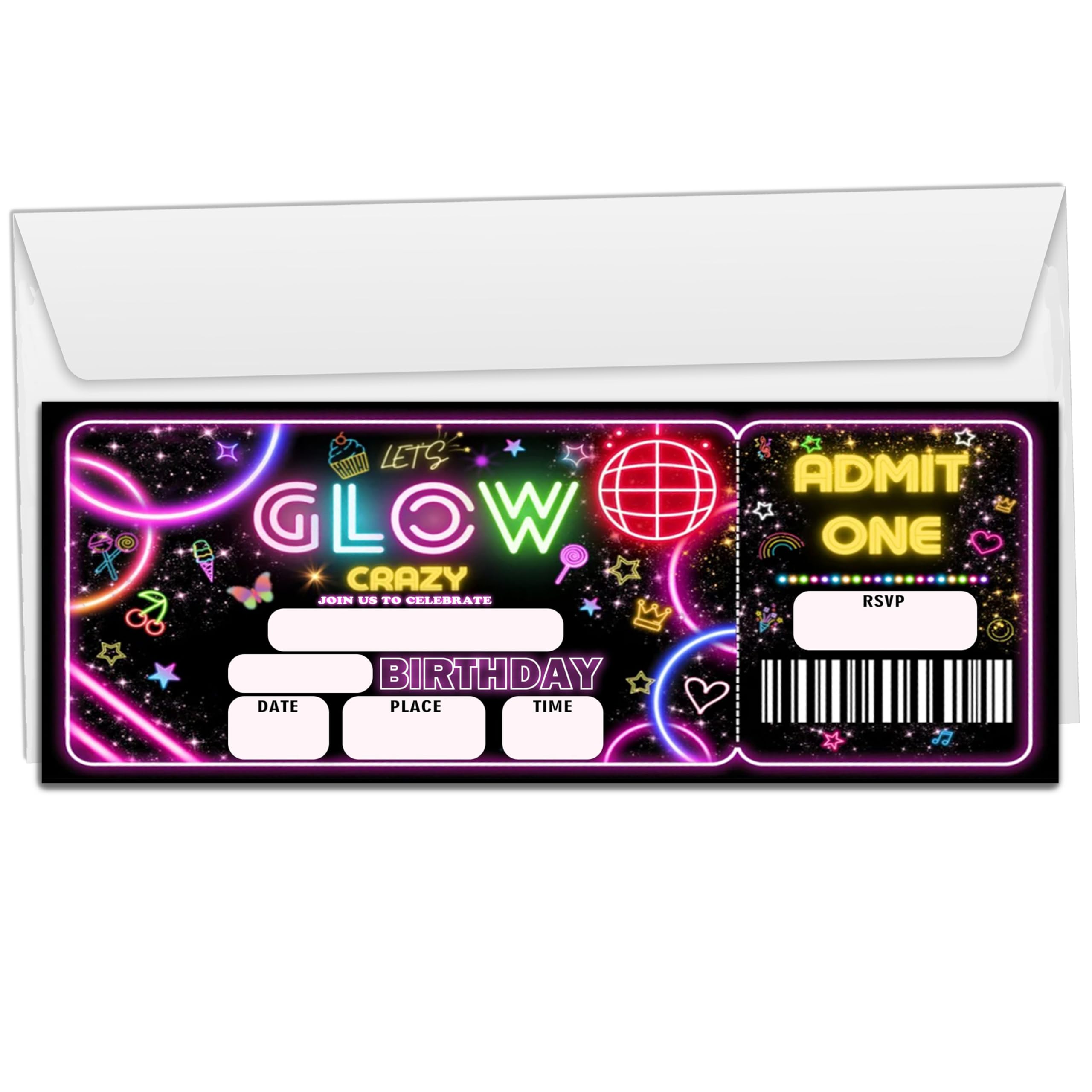Wybgno Let's Glow Crazy Birthday Party Invitation Cards for Kids Adults Teens, 20 Retro Neon Theme Ticket Invites with Envelopes, Party Favor & Supplies (3×8inch)-A06