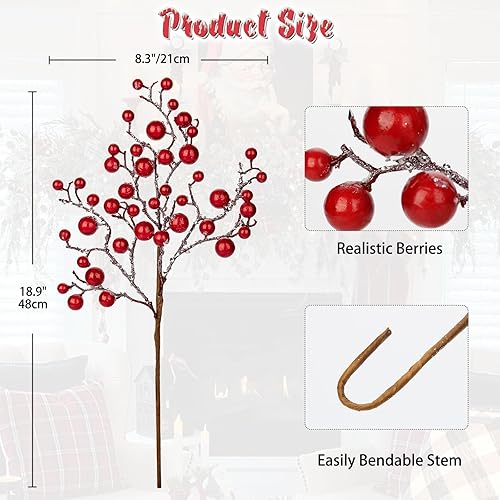 Miniatura 2 de Hollyone Paquete de 4 tallos de bayas artificiales con purpurina de Navidad, 19 pulgadas, púas de bayas de acebo rojas falsas con nieve helada para