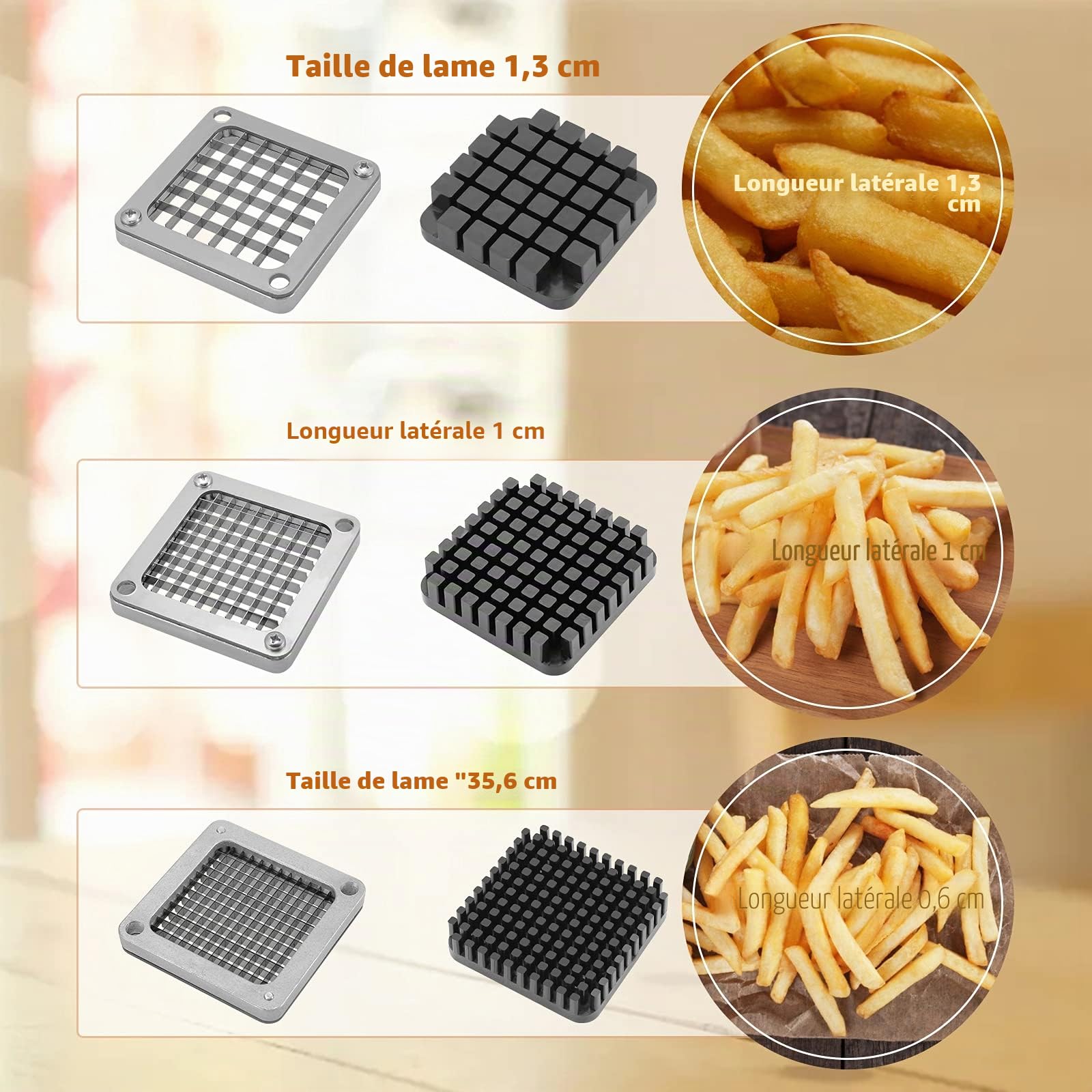 Coupe-frites commercial avec 3 lames de rechange, lame de 1/2", 1/4" et 3/8", hachoir simple pour citron, pommes de terre, pour frites avec poignée allongée
