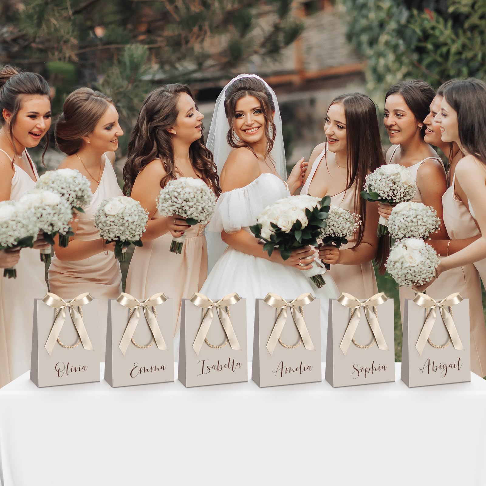 Silkfly 12 Pcs Wedding Paper Gift Bags with Handle 9x7x3.15'' Thank You Gifts Bags with Ribbon Bow Bridal Shower Gifts for Baby Shower Graduation Holiday Birthday Party Supplies (Champagne)